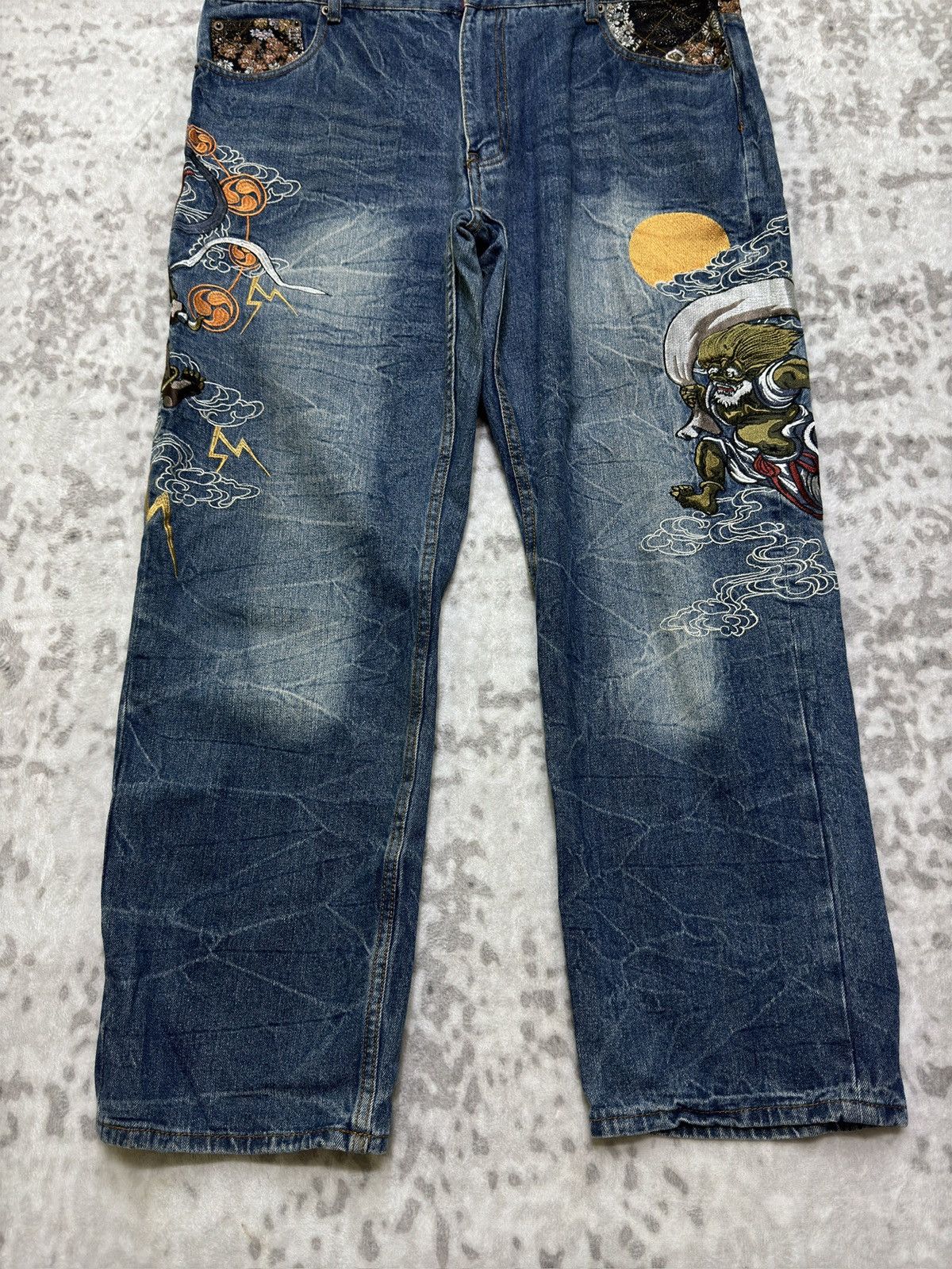 Japanese Brand Fugutaiten Y2K Japanese Embroidered Denim Fujin Raijin Size US 38 / EU 54 - 6 Thumbnail