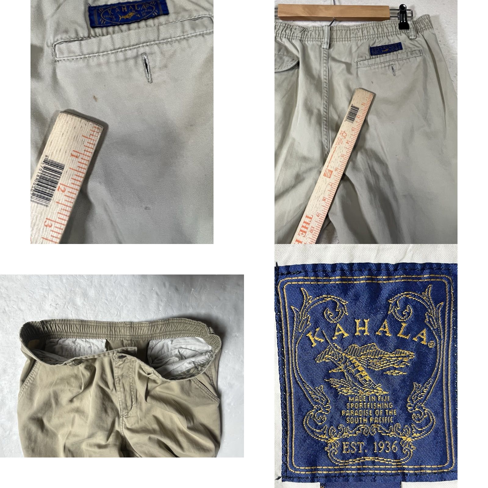 Vintage VINTAGE Kahala Pants - Khaki 100% Cotton Pleated Front Stretch Waist Men 34 Elastic Pockets Straight Inseam 32 Beige Size US 34 / EU 50 - 8 Thumbnail