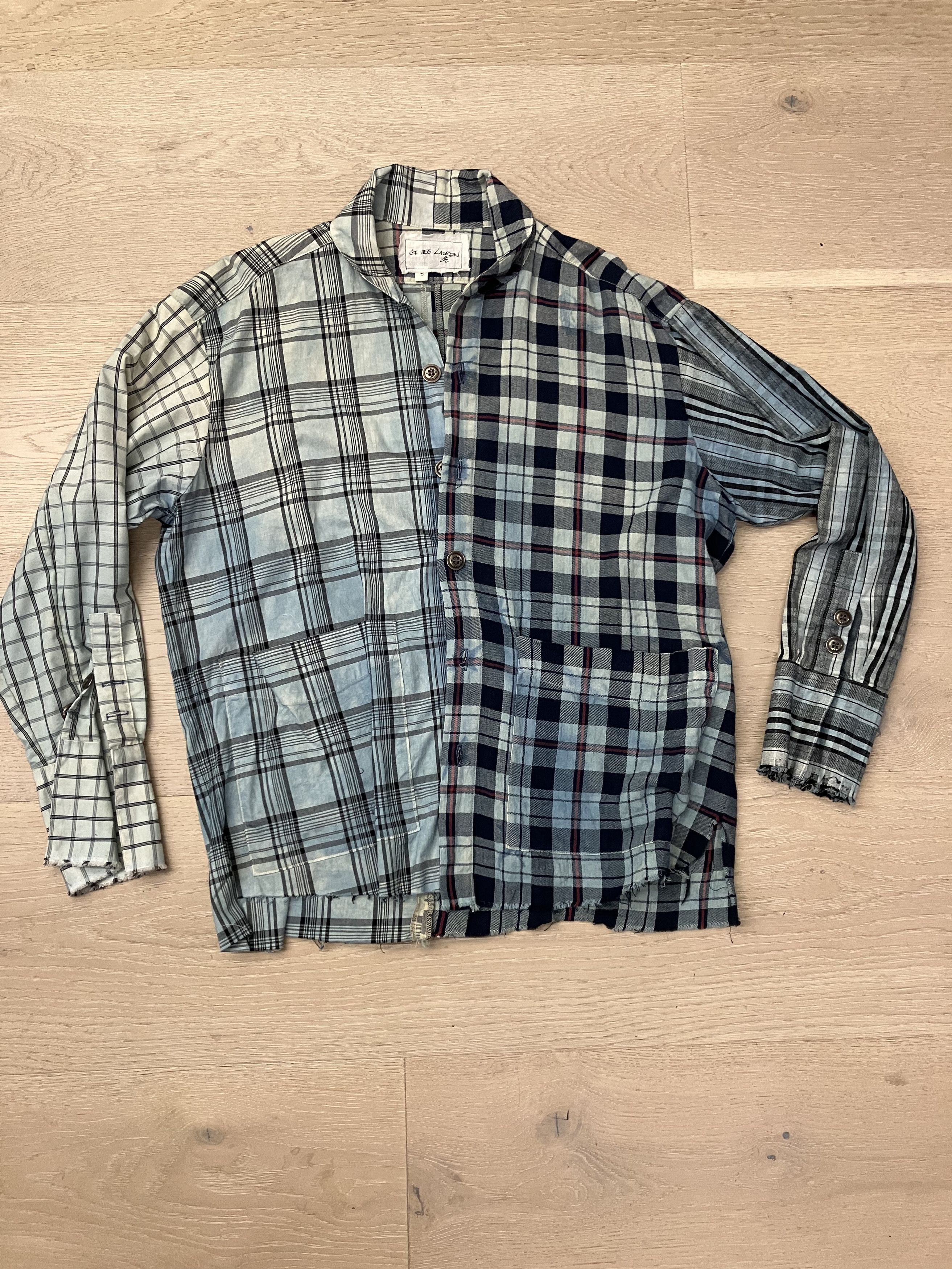 image of Greg Laurent Mixed Blue Plaid 50/50 Studio Shirt, Men's (Size Large)