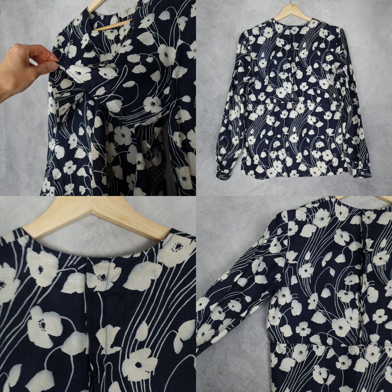 Valentino VINTAGE Valentino Top Womens 42 / US 6 Blue Floral Linen Relaxed Romantic Blouse 100% Linen Size M / US 6-8 / IT 42-44 - 8 Thumbnail