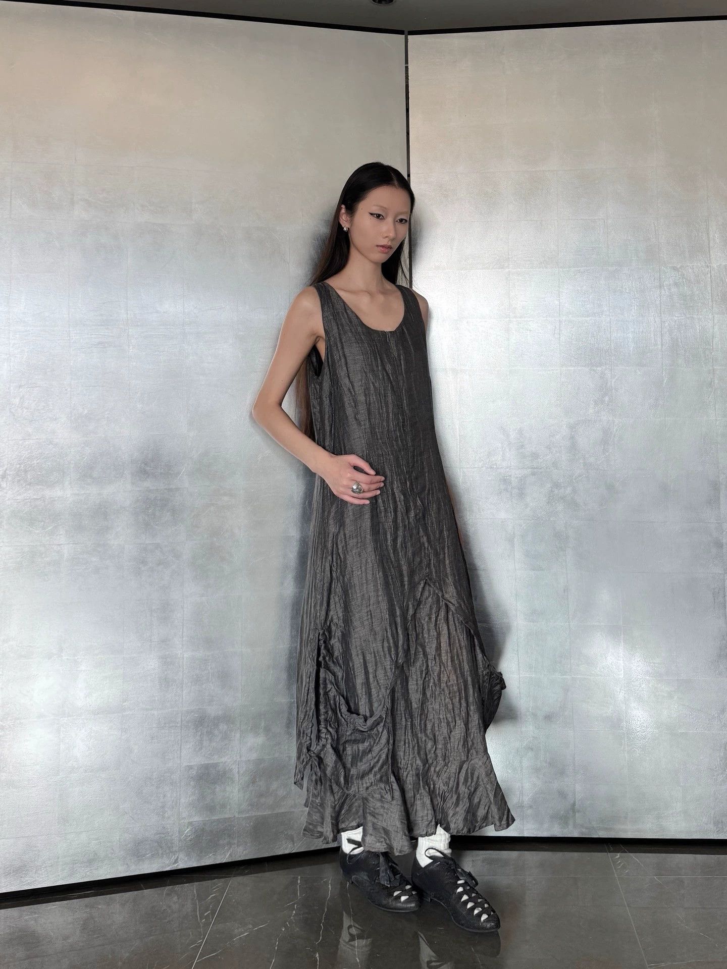 Other French Brand Pleated Linen Sheen Collar Dress Set Size M / US 6-8 / IT 42-44 - 3 Thumbnail