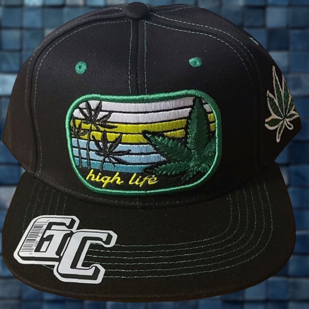 Vintage VINTAGE Marijuana Leaf High Life Cannabis Palm Tree Snapback Cap Adult Adjustable Cotton Black Men's Size ONE SIZE - 1 Thumbnail