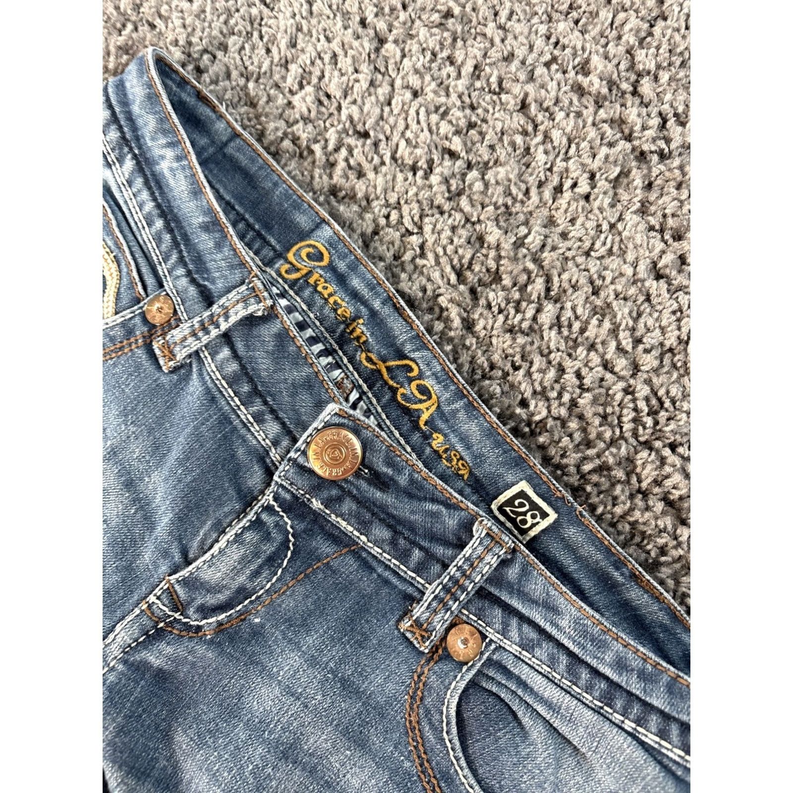 Grace in LA Grace in LA Jeans Bootcut Women's 28x32 Denim Low Rise Embroidered Rhinestone Studded Biker Rock denim blue Regular Girls? Size 28" / US 6 / IT 42 - 8 Thumbnail