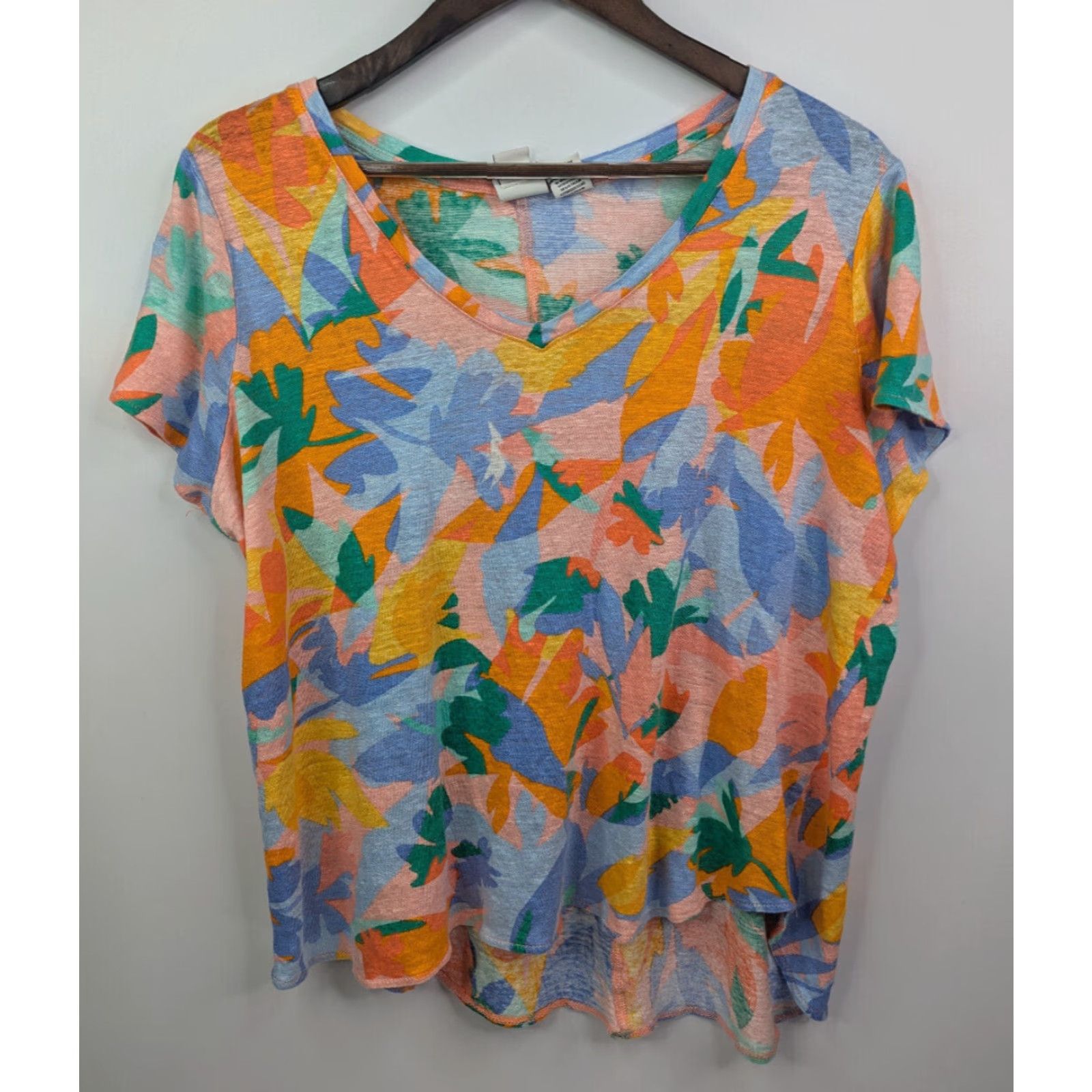 Joie Joie Womens 1X Blouse Short Sleeve V-Neck Floral Linen Blue Casual Summer 100% Linen Size XL / US 12-14 / IT 48-50 - 2 Thumbnail