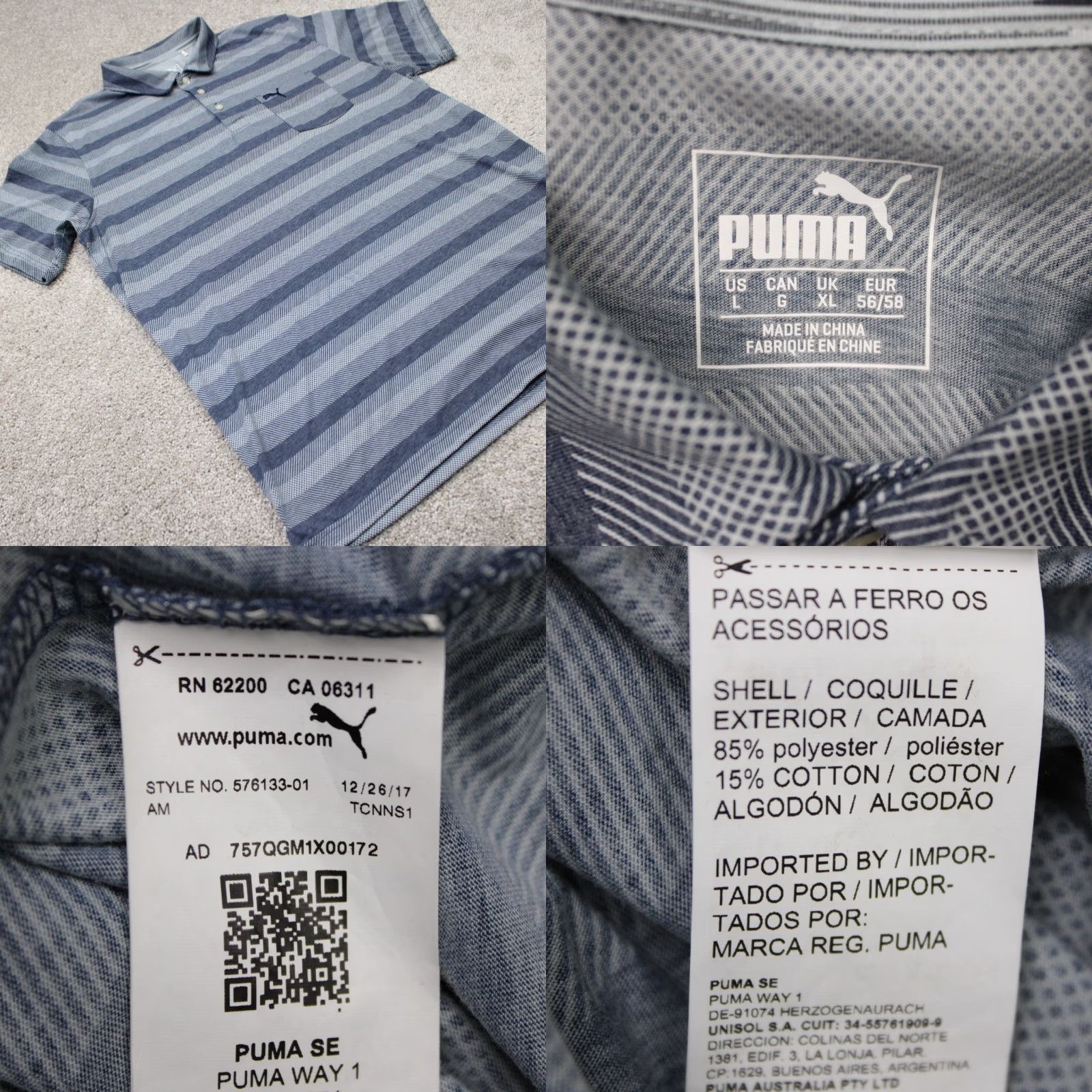 Puma PUMA Polo Shirt Mens Large Blue Striped Short Sleeve Polo Shirt Size US L / EU 52-54 / 3 - 8 Thumbnail