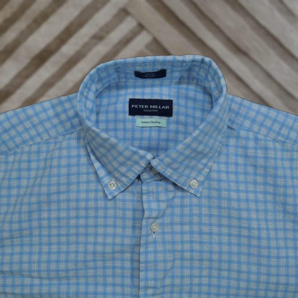 Peter Millar VINTAGE Peter Millar Shirt Mens M Blue Plaid Button Up Long Sleeve Chambray Size US M / EU 48-50 / 2 - 1 Thumbnail