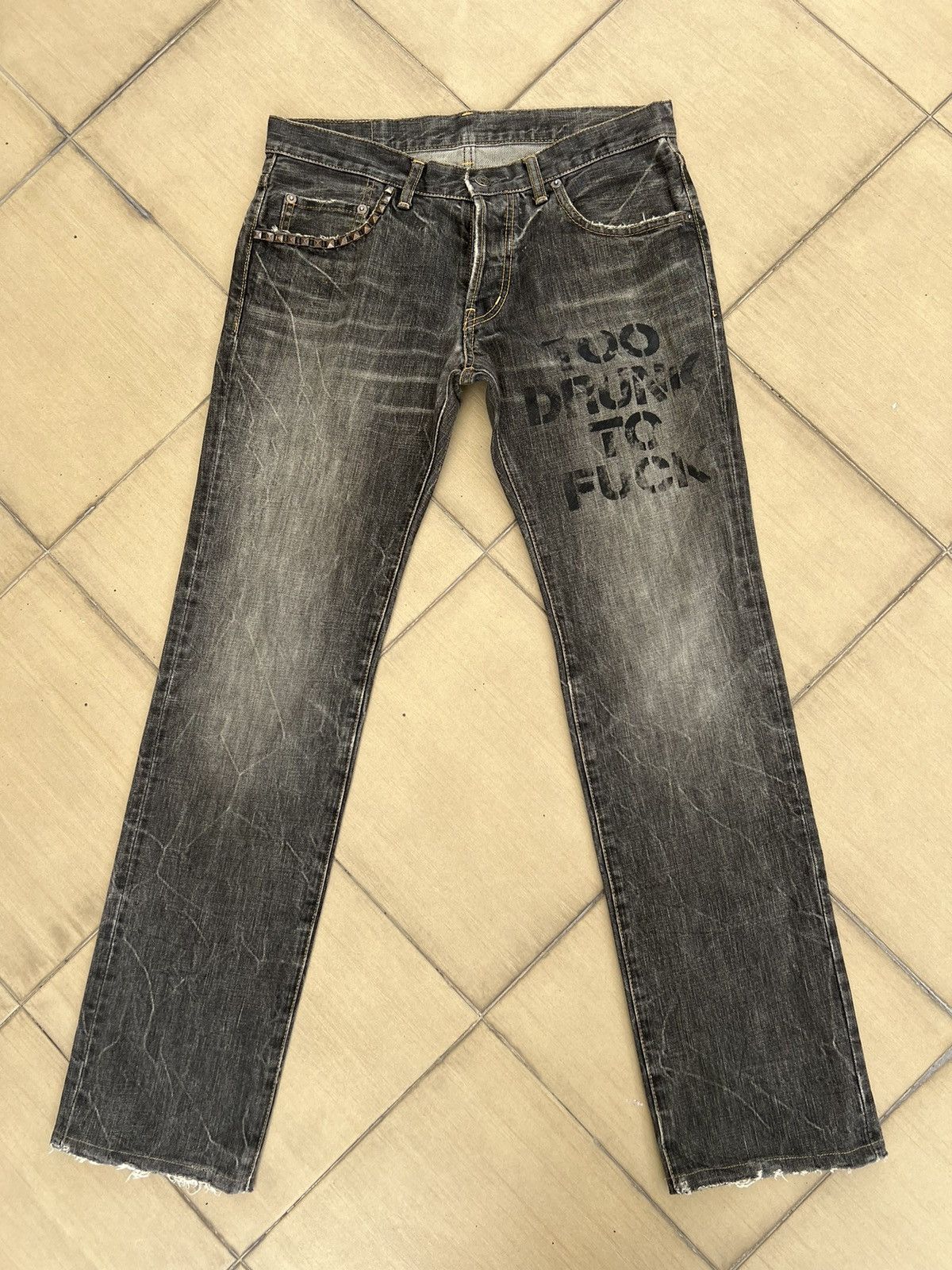 image of Vintage Hysteric Glamour Japan Too Drunk To Fuck Denim Jeans in Black, Men's (Size 30)