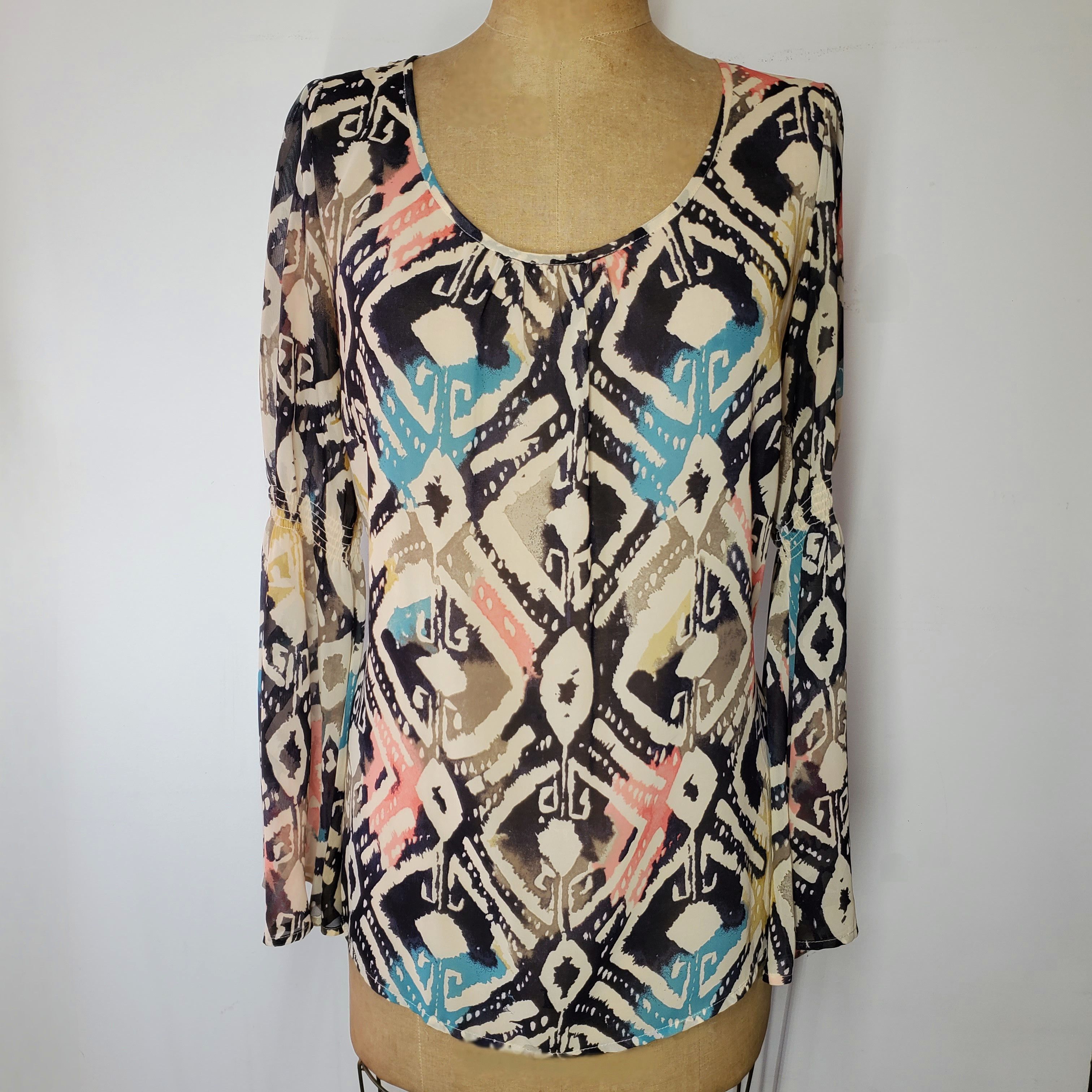 Other Blu Pepper Size L Blouse Long Bell Sleeve Ikat Pink Blue Size L / US 10 / IT 46 - 1 Thumbnail