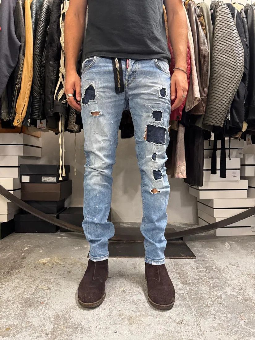 Designer × Dsquared2 × Vintage AW2014 DSquared2 Blue Distressed Patchwork Slim Denim Jeans Size US 31 - 1 Thumbnail