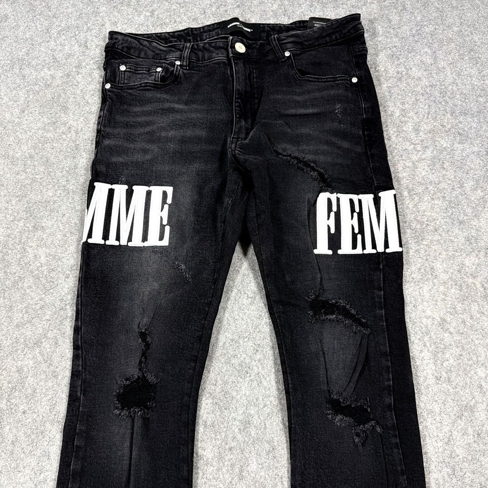 Vintage Homme Femme Patched Distressed Jean Men's Size 34 Black Denim Wear 5-Pocket Regular Rise 10-12in Inseam 30in Charcoal Wash Vintage No Mens Jeans Size US 34 / EU 50 - 2 Thumbnail