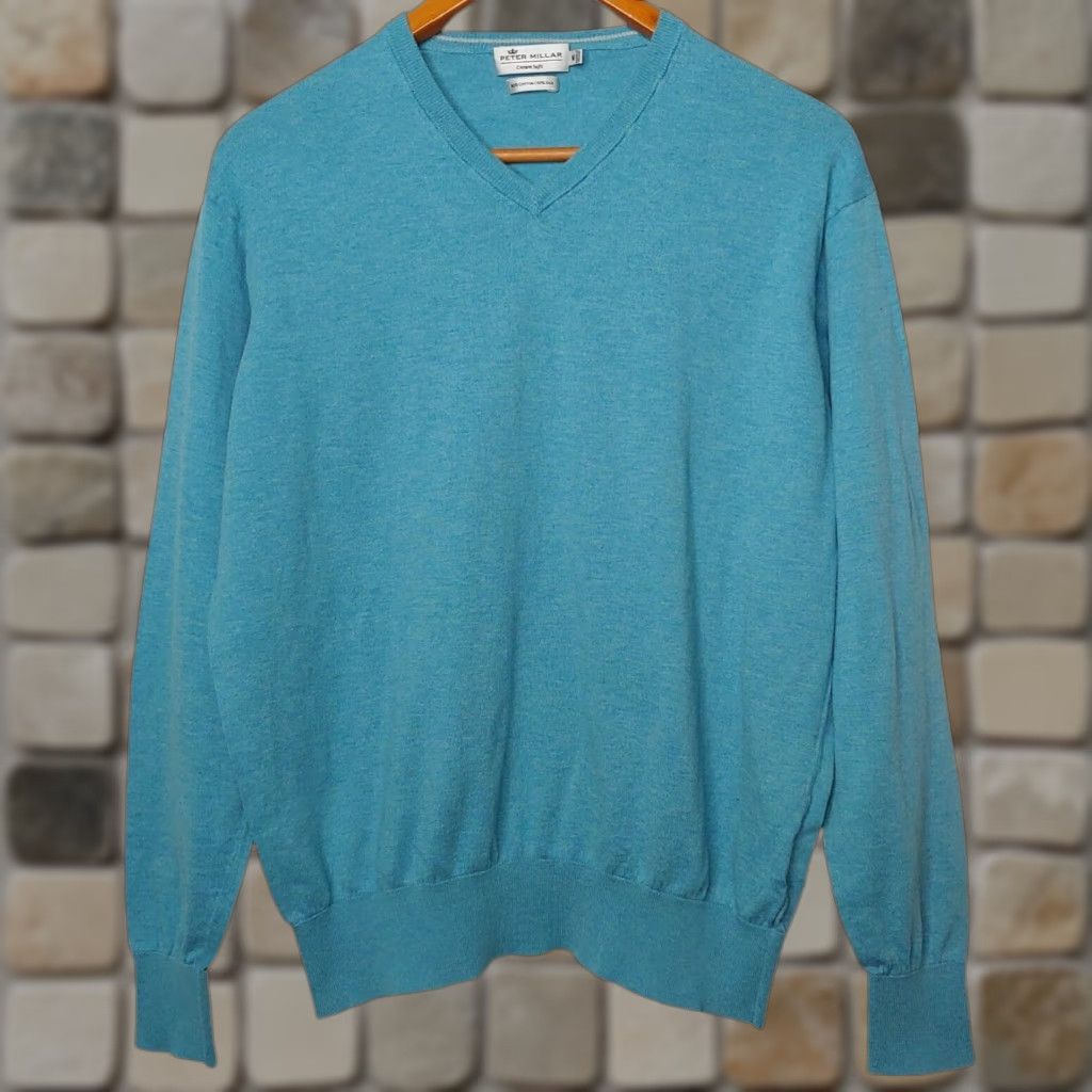 Peter Millar PETER MILLAR Sweater Medium V-Neck Pullover Cotton Silk Blend Blue Classic Mens Size US M / EU 48-50 / 2 - 1 Thumbnail