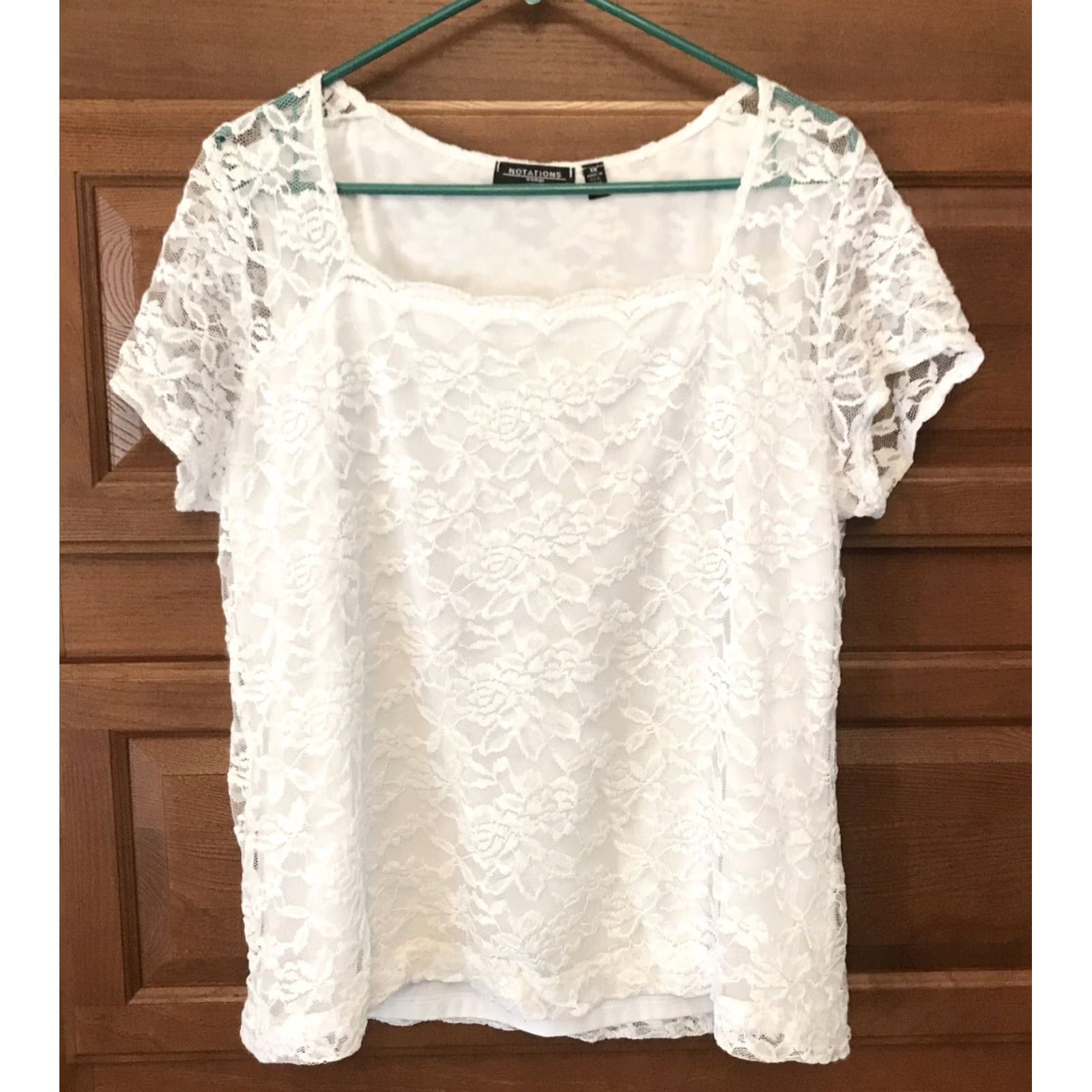 Vintage VINTAGE Notations White Lace Top S/S Lined Womens 1X Square Neck Pullover Blouse USA 1X Regular Size 21" pit to pit 25" length Size XL / US 12-14 / IT 48-50 - 2 Thumbnail