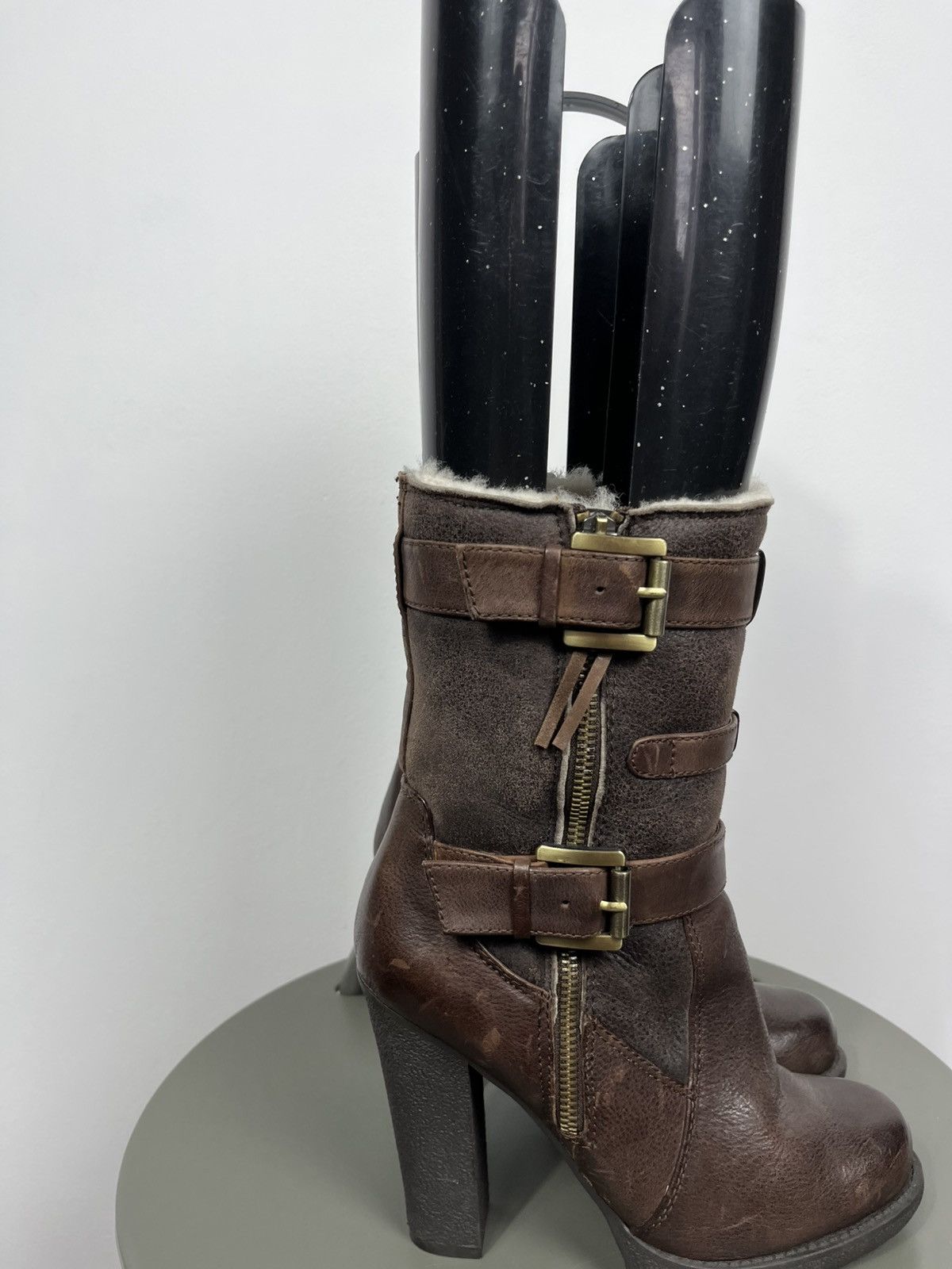 Other Women Brown Leather Buckle High Heel Boots Shearling EU 38 Size US 7 / IT 37 - 4 Thumbnail