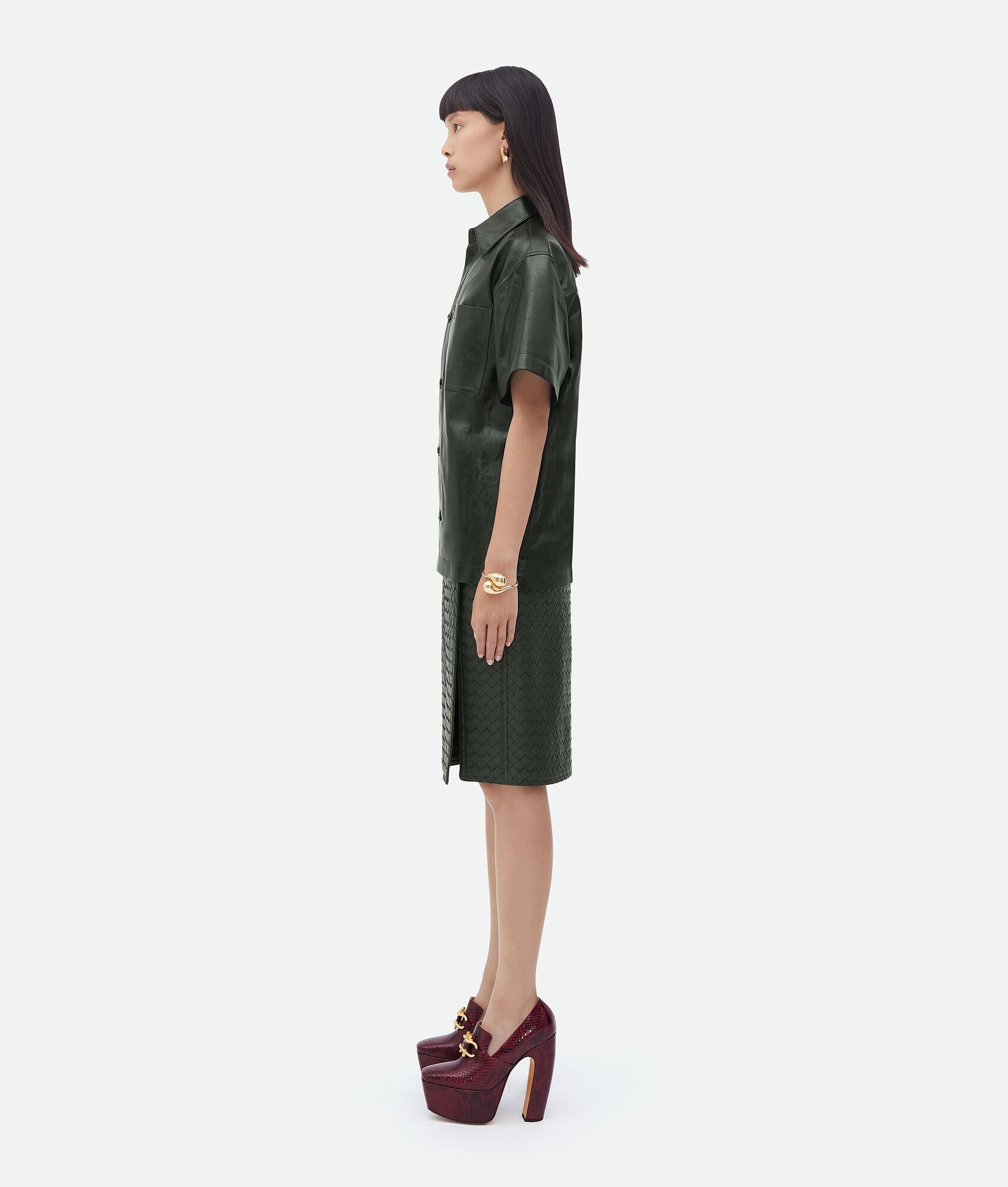 Bottega Veneta o1n1vont0525 Shiny Leather Shirt in Dark Green Size XS / US 0-2 / IT 36-38 - 2 Thumbnail