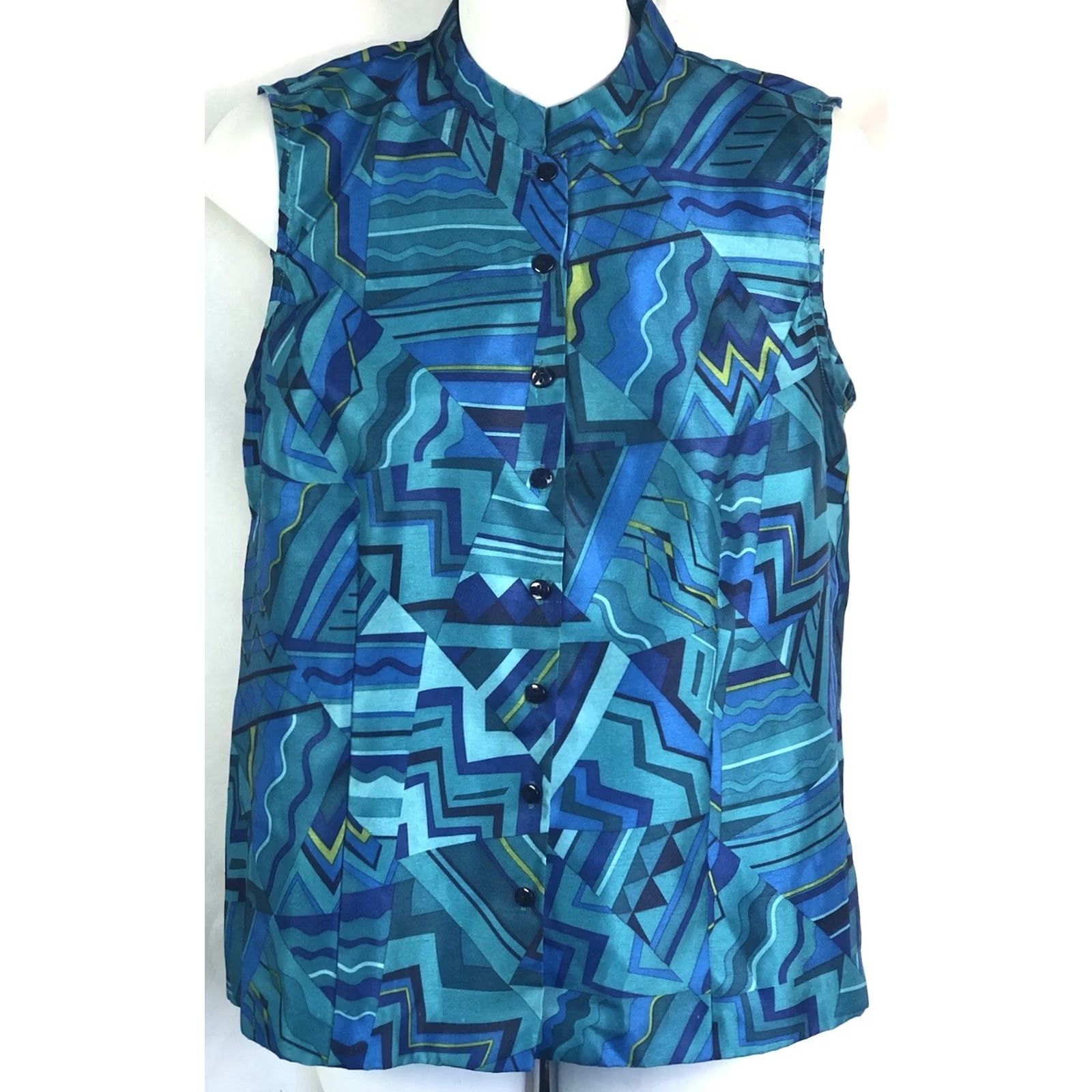 Vintage Sag Harbor Blouse Shirt Teal Blue Band Mandarin Collar Button Front 8P Petite Womens Sleeveless Geometric Pattern Size M / US 6-8 / IT 42-44 - 2 Thumbnail
