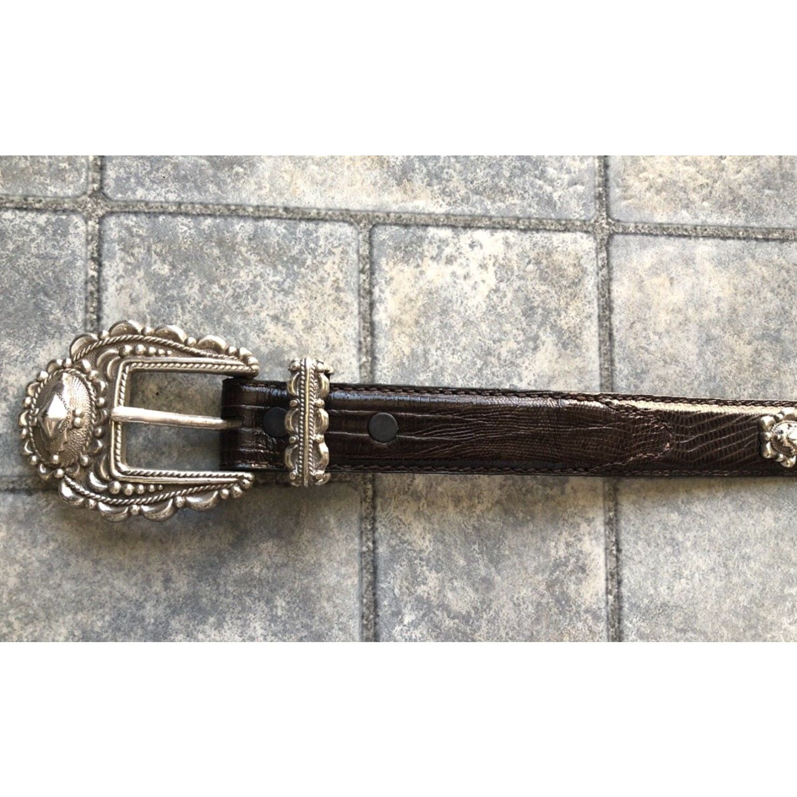Buckle Black VINTAGE Crumrine Belt Women L Black Studded Buckle Chelsea Collections ~41in Size ONE SIZE - 3 Thumbnail