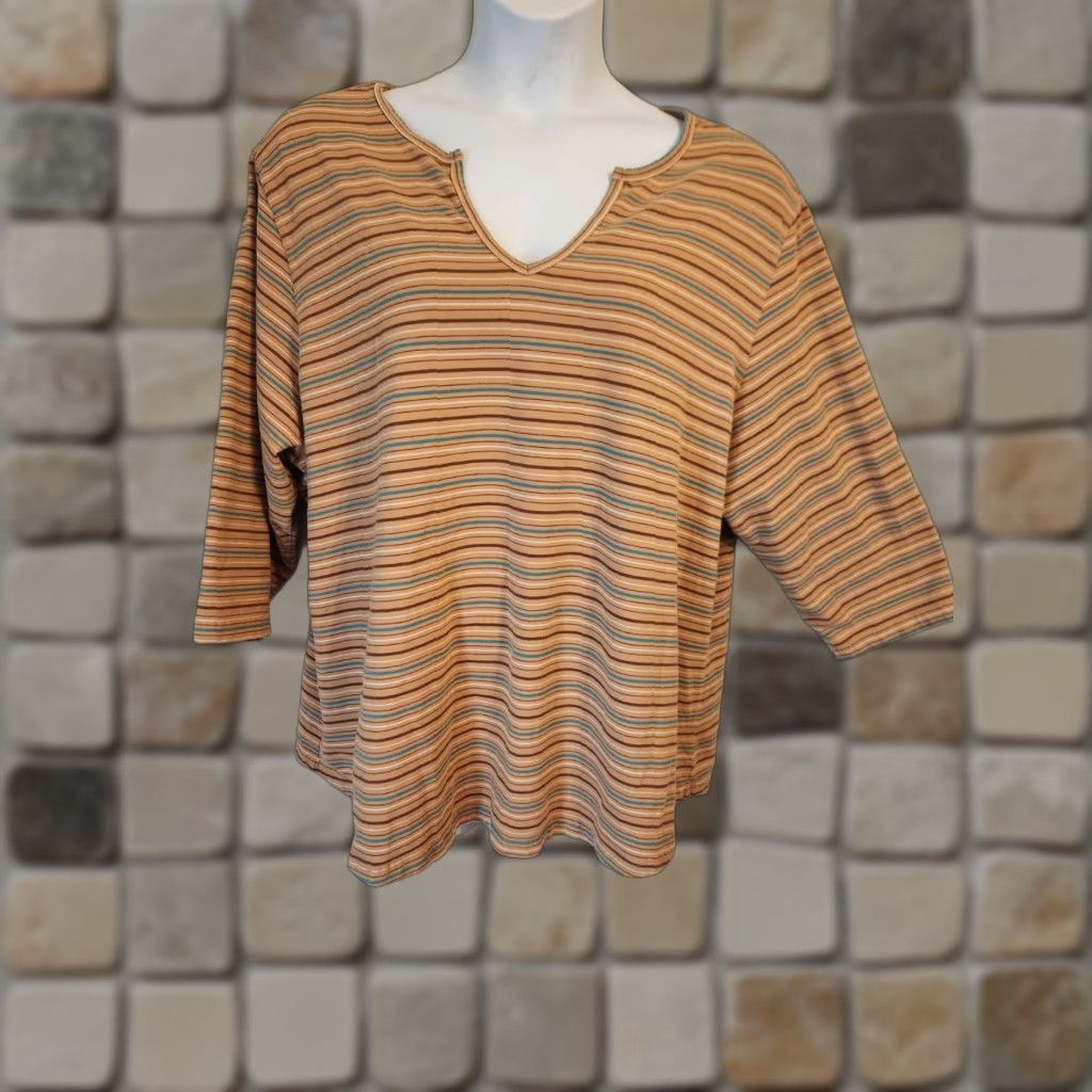 Faded Glory Faded Glory Blouse Shirt Multicolor Striped Short Sleeve Split Neck Ladies 4X Plus Size White Brown Blue Chartreuse Pants? Size XXL / US 16-18 / IT 52-54 - 1 Thumbnail