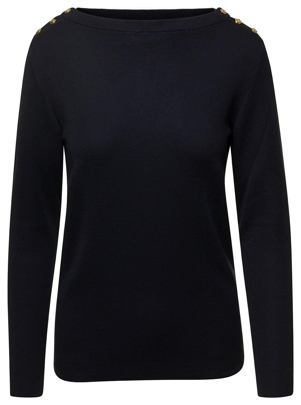 Gucci Black Sweater with Boat Neckline and Golden Logo Buttons in Cashmere Woman Size L / US 10 / IT 46 - 1 Thumbnail