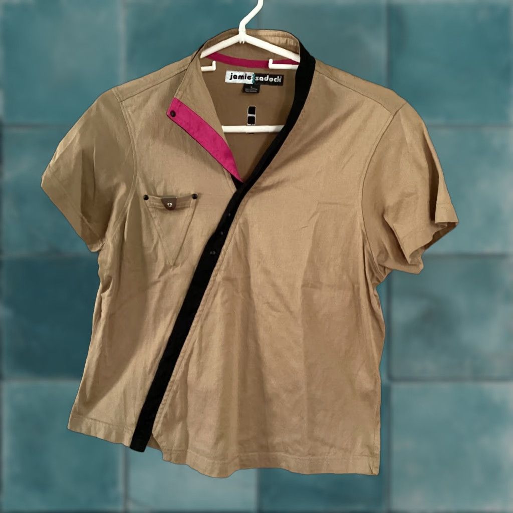 Pinko Jamie Sadock Womens Top Short Sleeve Brown Black Pink Studded Golf Tennis Size S V-Neck Pullover Casual Shirt Womens Modern Sports Golf Size S / US 4 / IT 40 - 1 Thumbnail