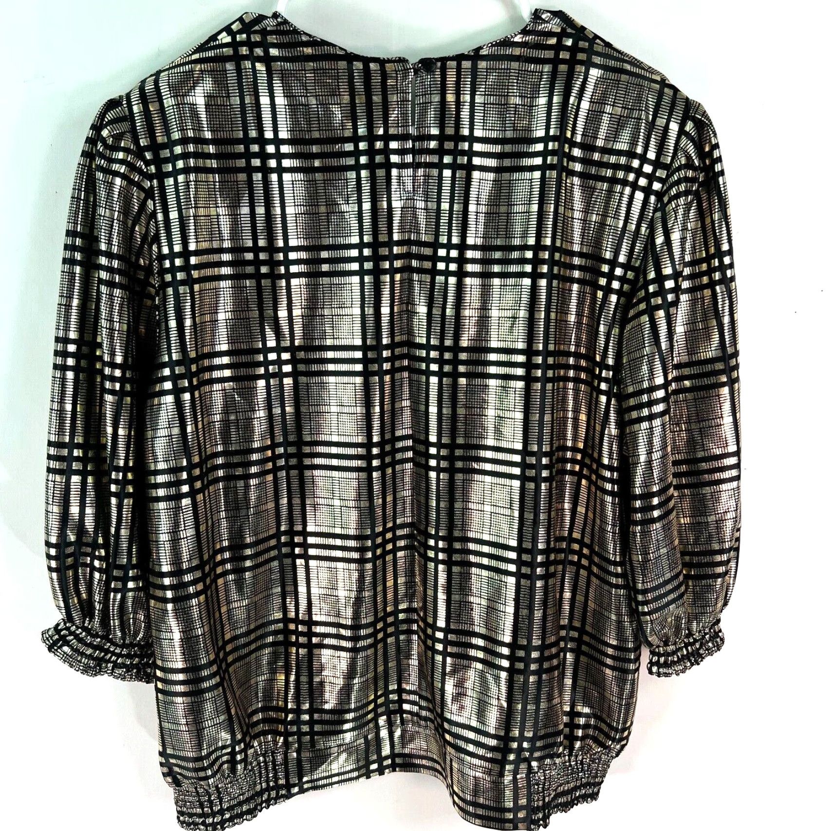 Vintage Tan F Jay Women's Blouse Plaid Metallic Black Top Size 16 3/4 Sleeves Pullover Size XXL / US 16-18 / IT 52-54 - 2 Thumbnail