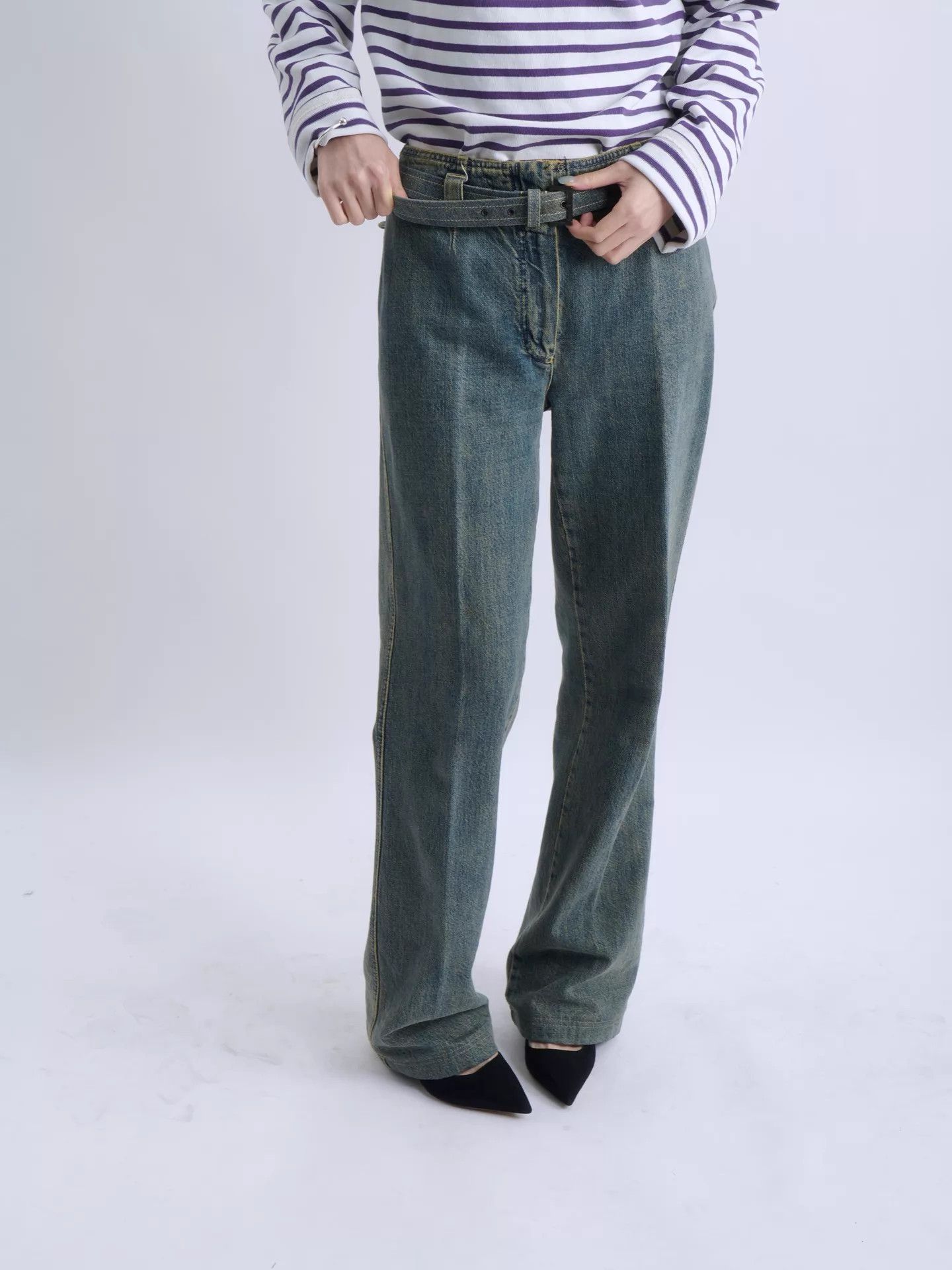 Chanel CHANEL 00 KL Washed Belted Flared Jeans Gray Teal Size 28" / US 6 / IT 42 - 4 Thumbnail