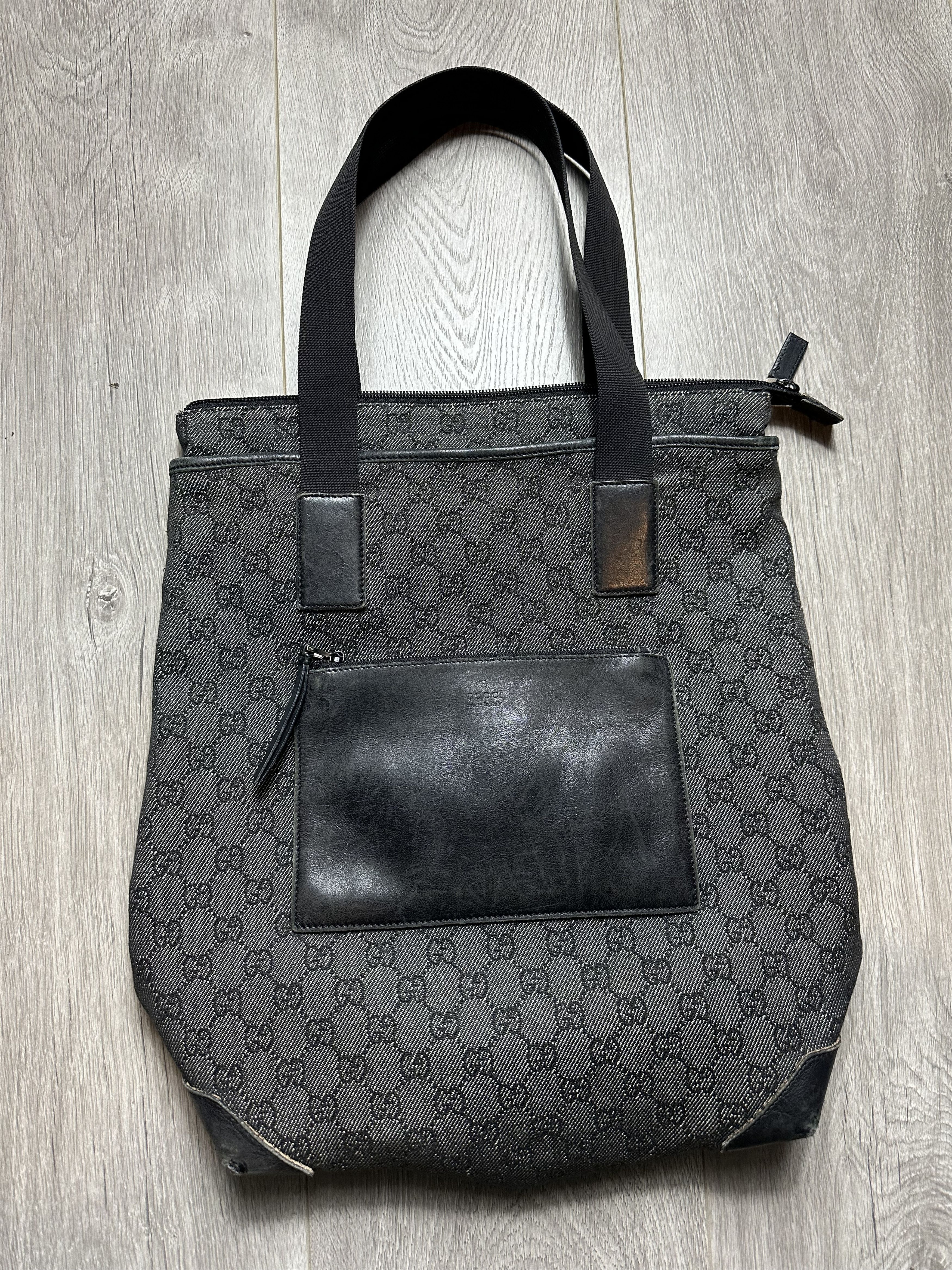 GUCCI GG Denim Canvas Tote Bag Black Leather Switch 28892