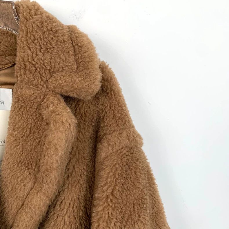 Max Mara Teddy brown teddy camel-fleece lapel double-breas