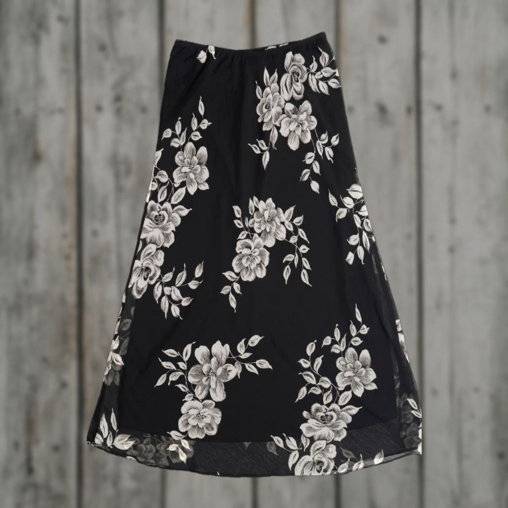 Vintage VINTAGE Floral Sheer Panel Lined Elastic Waist Maxi Skirt 1990s Black Polyester Small Womens Size 28" / US 6 / IT 42 - 1 Thumbnail