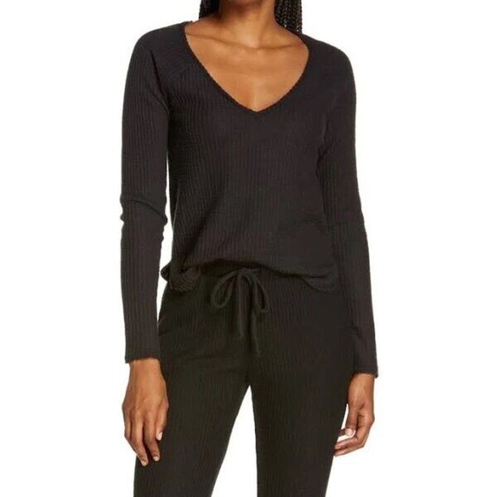 The Unbranded Brand Socialite Women Black Waffle V-Neck Long Sleeve Top Size XS Size XS / US 0-2 / IT 36-38 - 1 Thumbnail