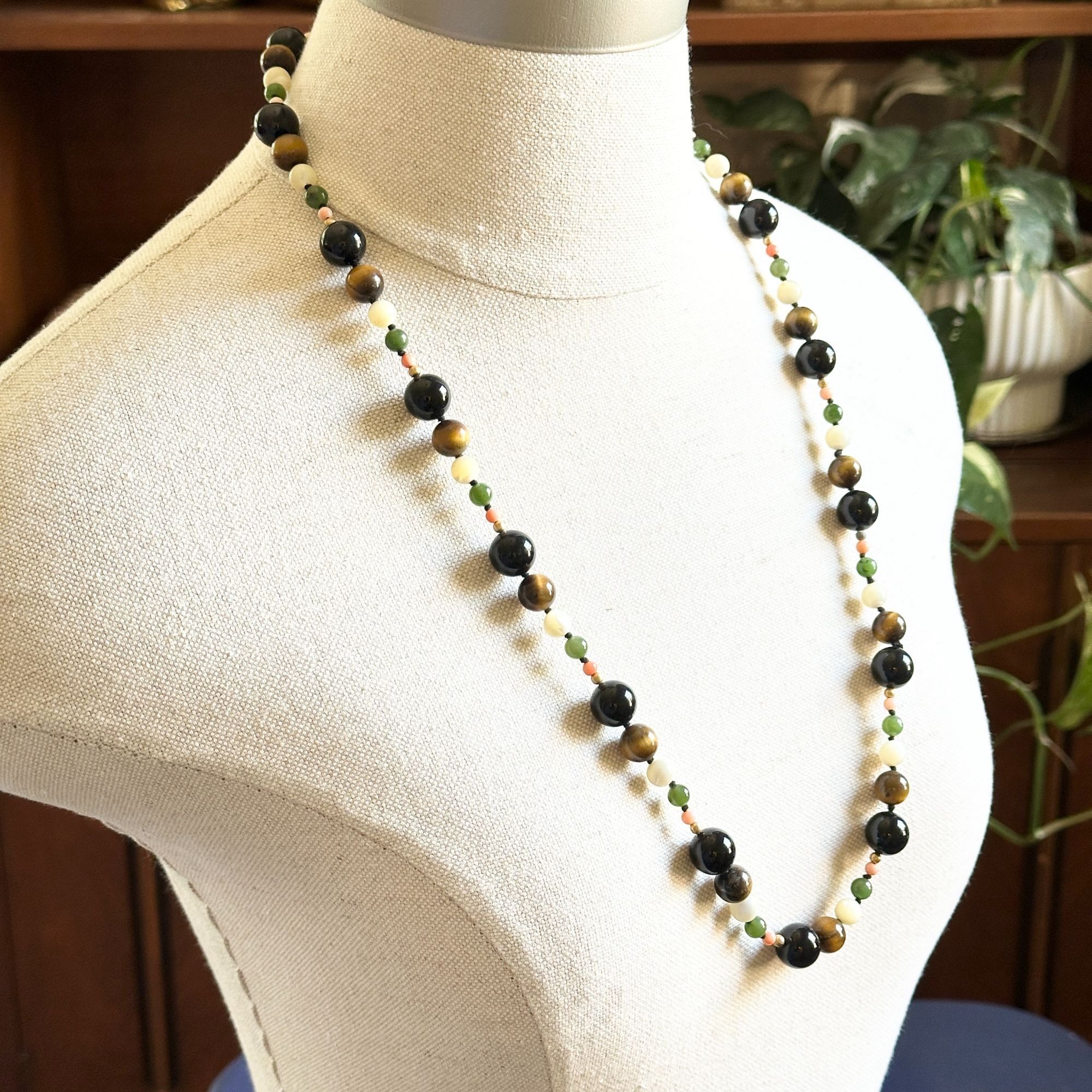 Vintage Vintage Gemstone Bead Necklace, Onyx, Tiger’s Eye, Nephrite Size ONE SIZE - 3 Thumbnail
