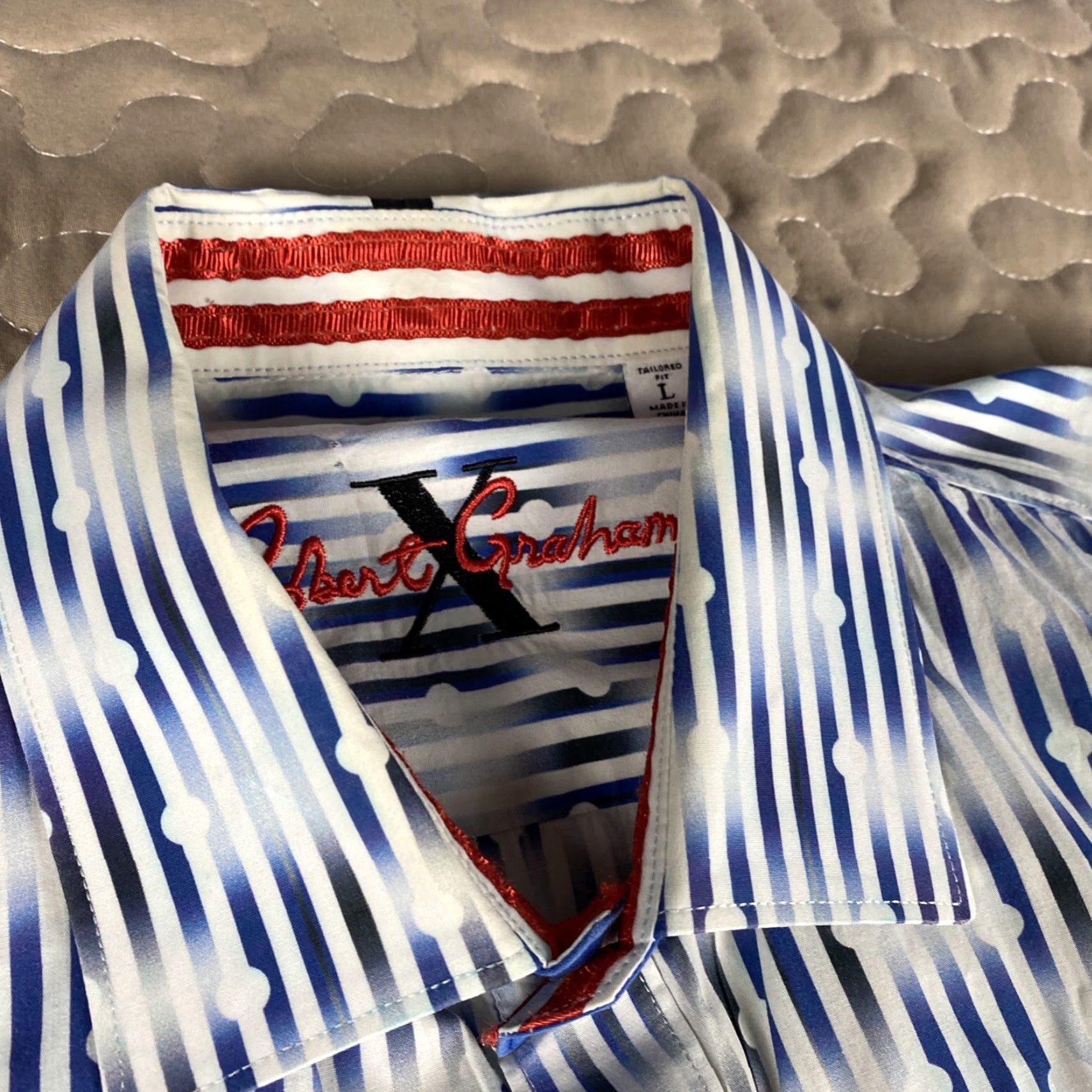 Robert Graham VINTAGE Robert Graham X Mens Dress Shirt Button Down Sz L Blue & White Stripes Circles Shirt Mens Large Blue White Striped Circles Size 42R - 7 Thumbnail