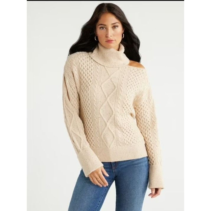 Other Sofia Jeans M Cream Cable Knit Cold Shoulder Turtleneck Swea Size M / US 6-8 / IT 42-44 - 22 Thumbnail