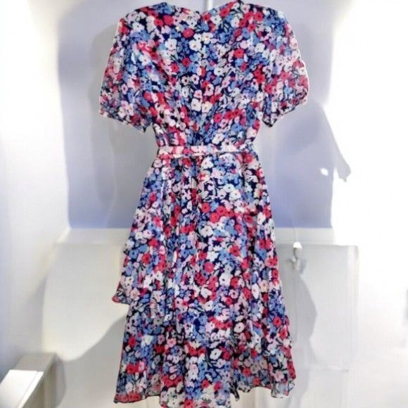 Elie Tahari Tahari Womens Navy Vneck Short Sleeve Tiered Dress NEW 2 Size XS / US 0-2 / IT 36-38 - 9 Thumbnail