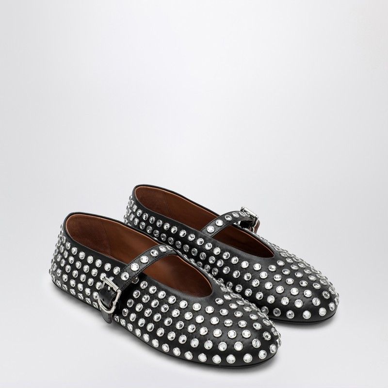 Alaia Black Leather Ballerina With Crystals Shoes, Women's (Size 10)