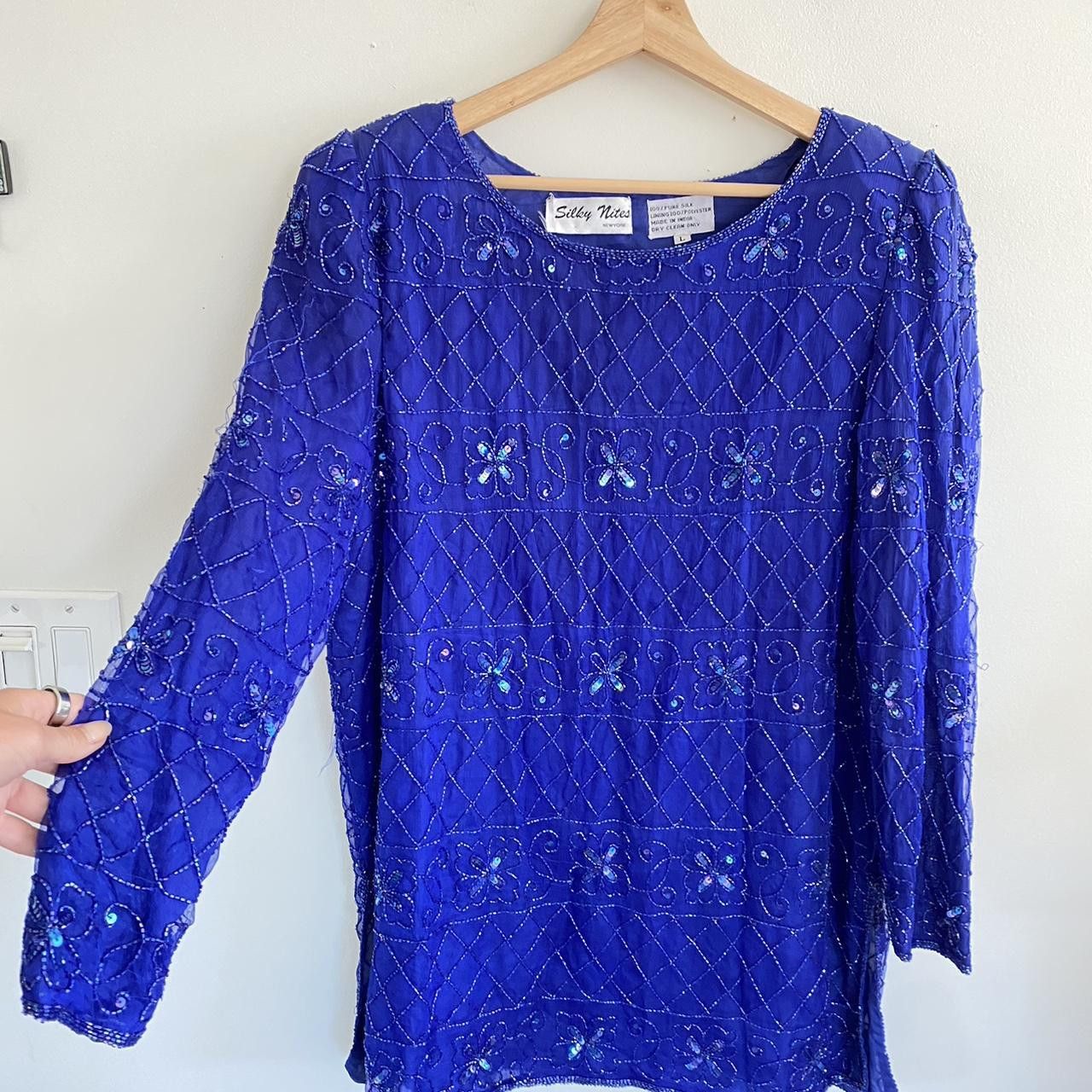 Vintage SILKY NITES VINTAGE BLUE SILK SEQUIN MINI DRESS LARGE Size L / US 10 / IT 46 - 5 Thumbnail