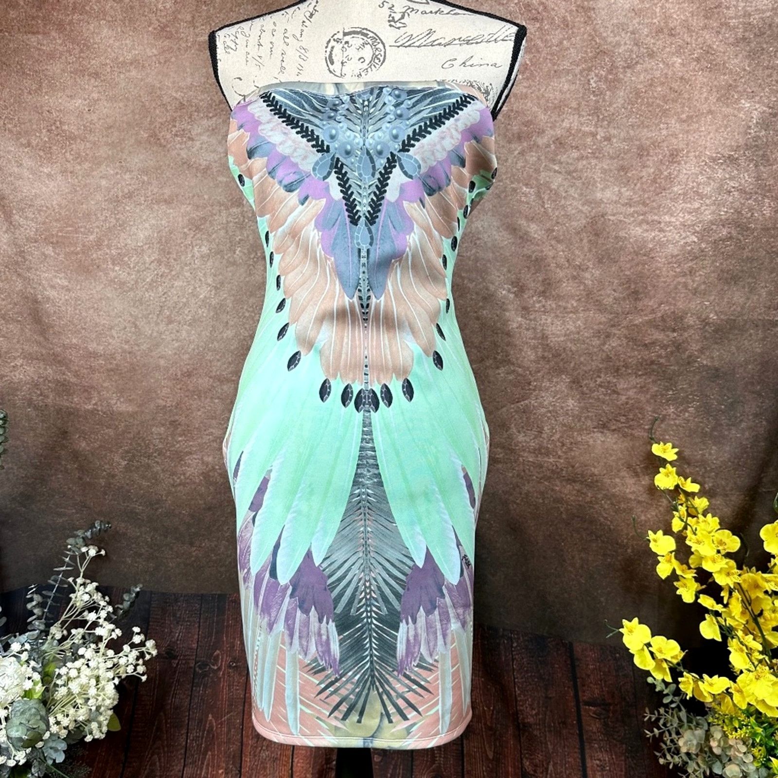Peacock Inspired Hale Bob Strapless Dress Multi L