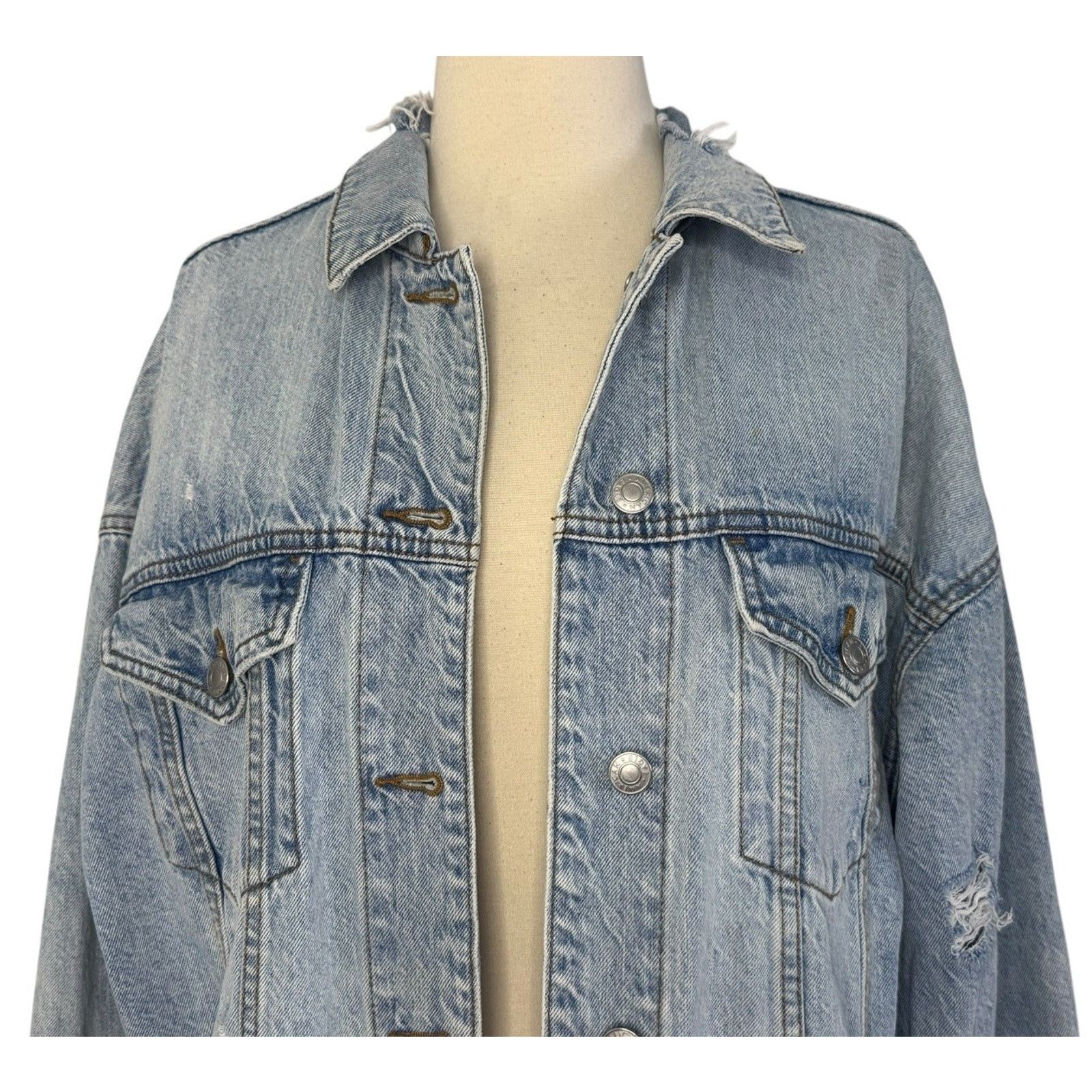 American Eagle Outfitters Japanese TIGER Sunset Retro Distressed Denim Jacket Sz SP Size XS / US 0-2 / IT 36-38 - 6 Thumbnail