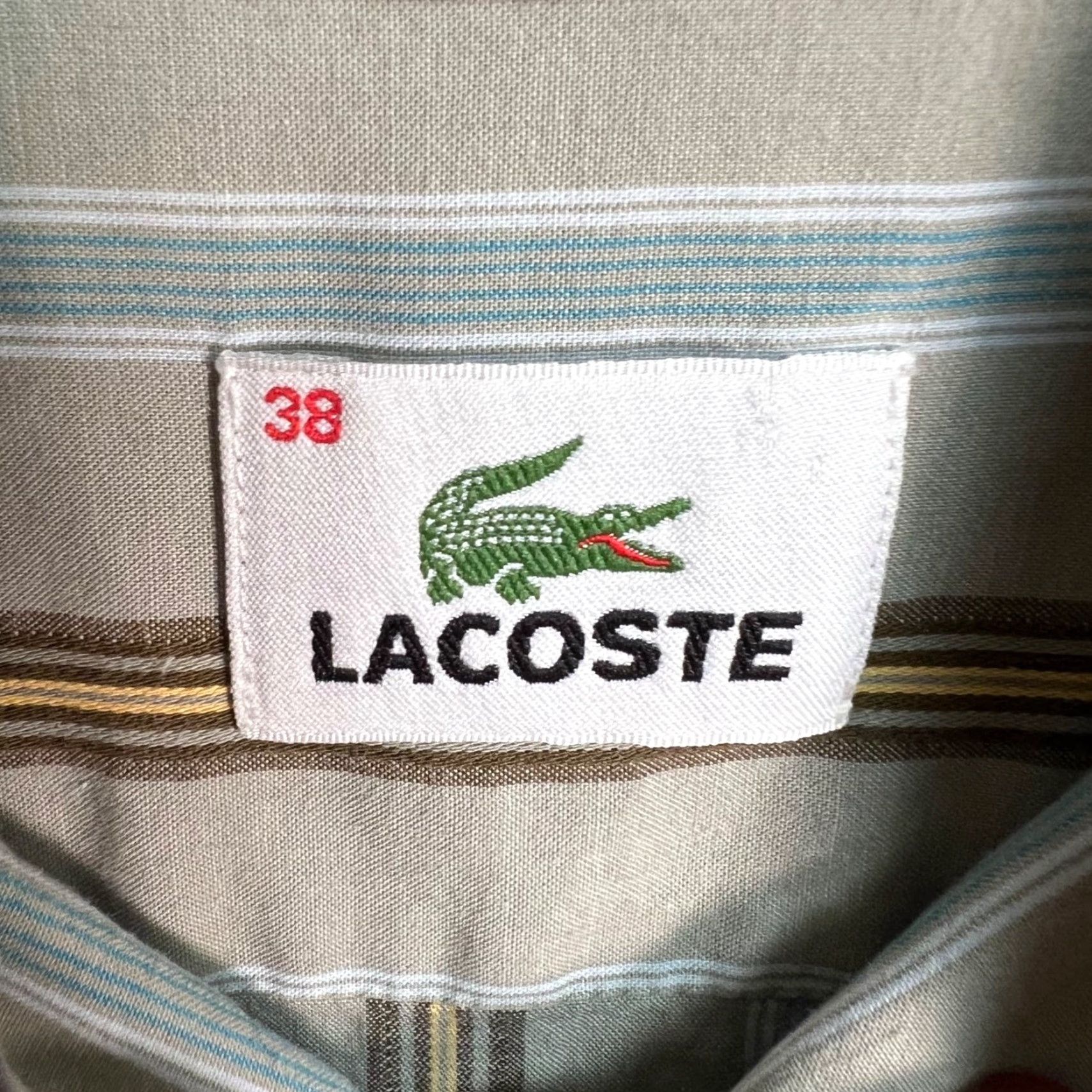 Lacoste Mens 38 Striped Button-Up Shirt Beige Long Sleeve