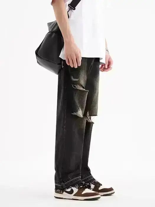 Japanese Brand Black distressed washed straight denim jeans Size US 34 / EU 50 - 5 Thumbnail