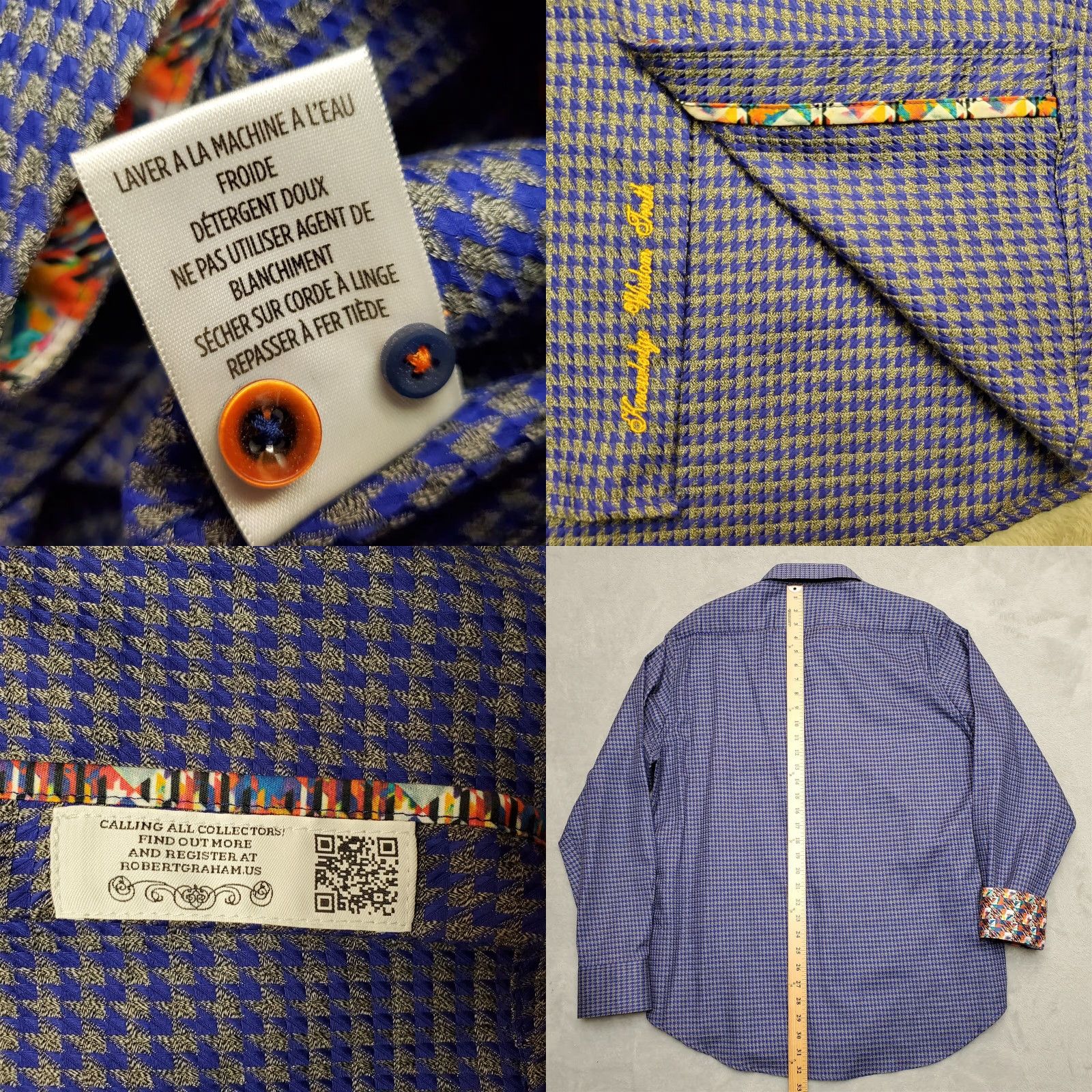 Robert Graham Robert Graham Shirt Mens XL Blue Gray Houndstooth Flip Cuff Casual Size US XL / EU 56 / 4 - 8 Thumbnail