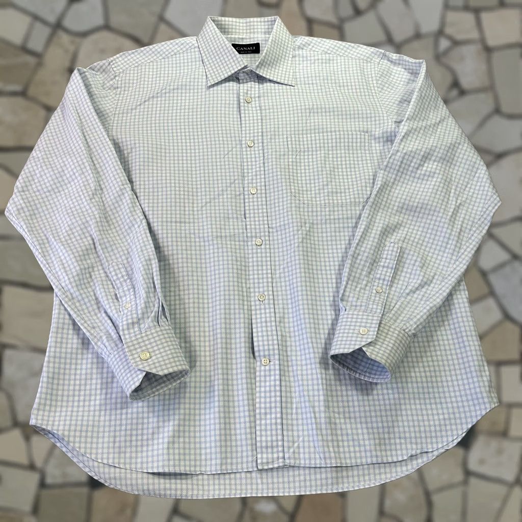 Canali Canali Dress Shirt Mens 17 Gingham Classic Fit Blue 100% Cotton Italy Long Sleeve Spread Collar Business Mens 17 Neck 34/35 Sleeve Size 46R - 1 Thumbnail