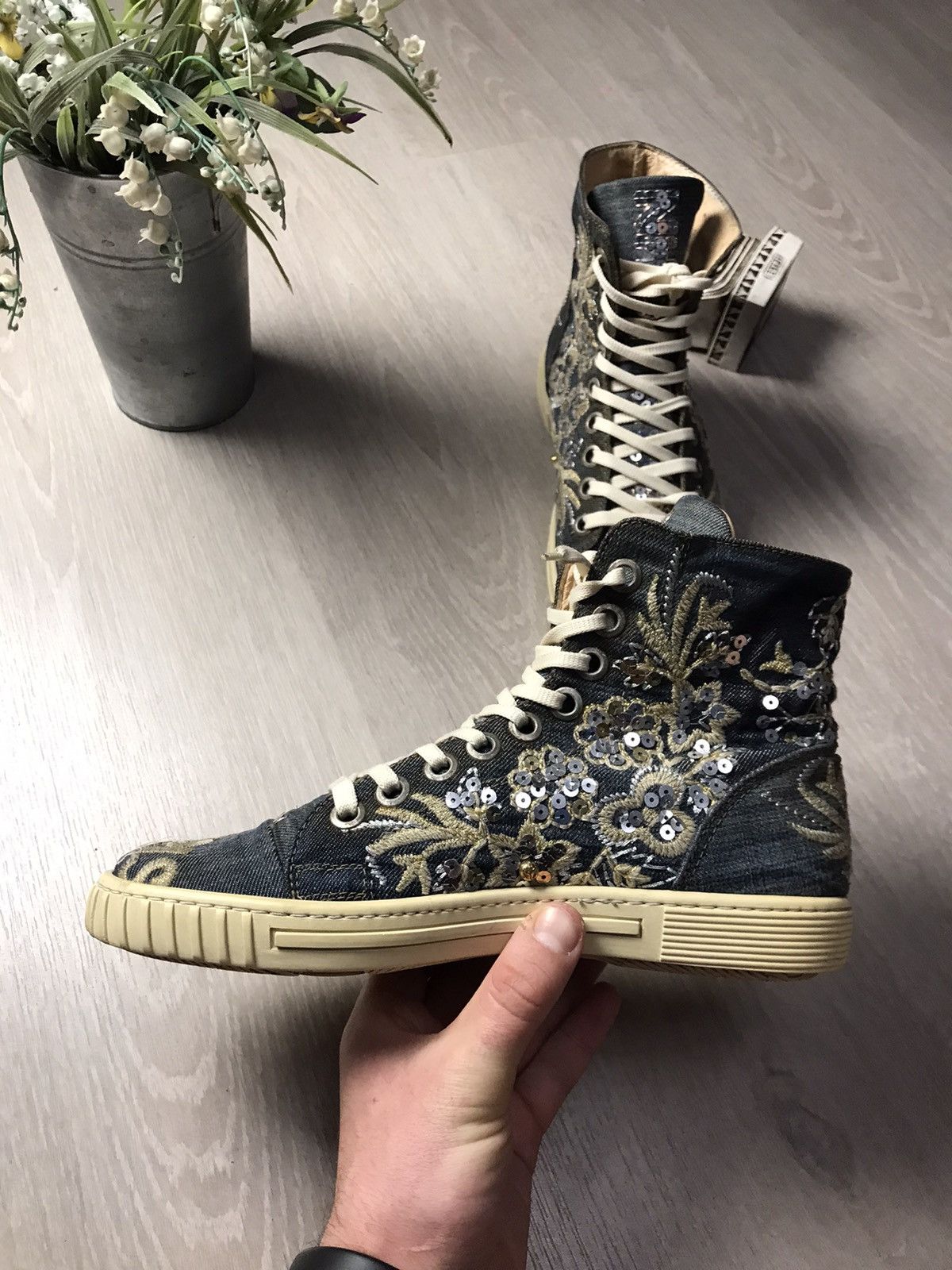 John Galliano Galliano High top denim rhinestones sneakers Size US 6 / EU 39 - 6 Thumbnail