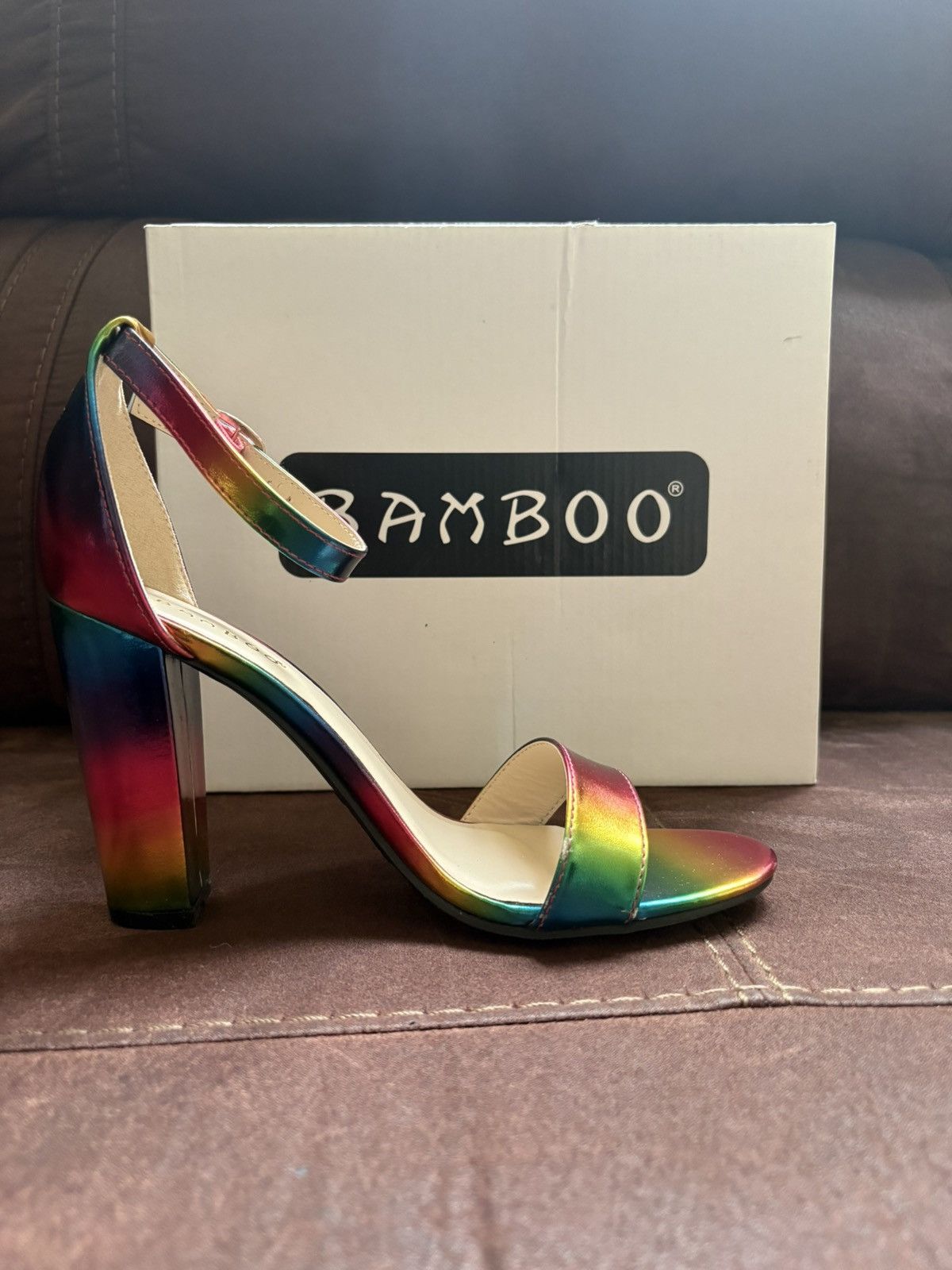 Other Bamboo MANIA-79 Rainbow Holographic Block Heel Sandals Size US 7 / IT 37 - 1 Thumbnail