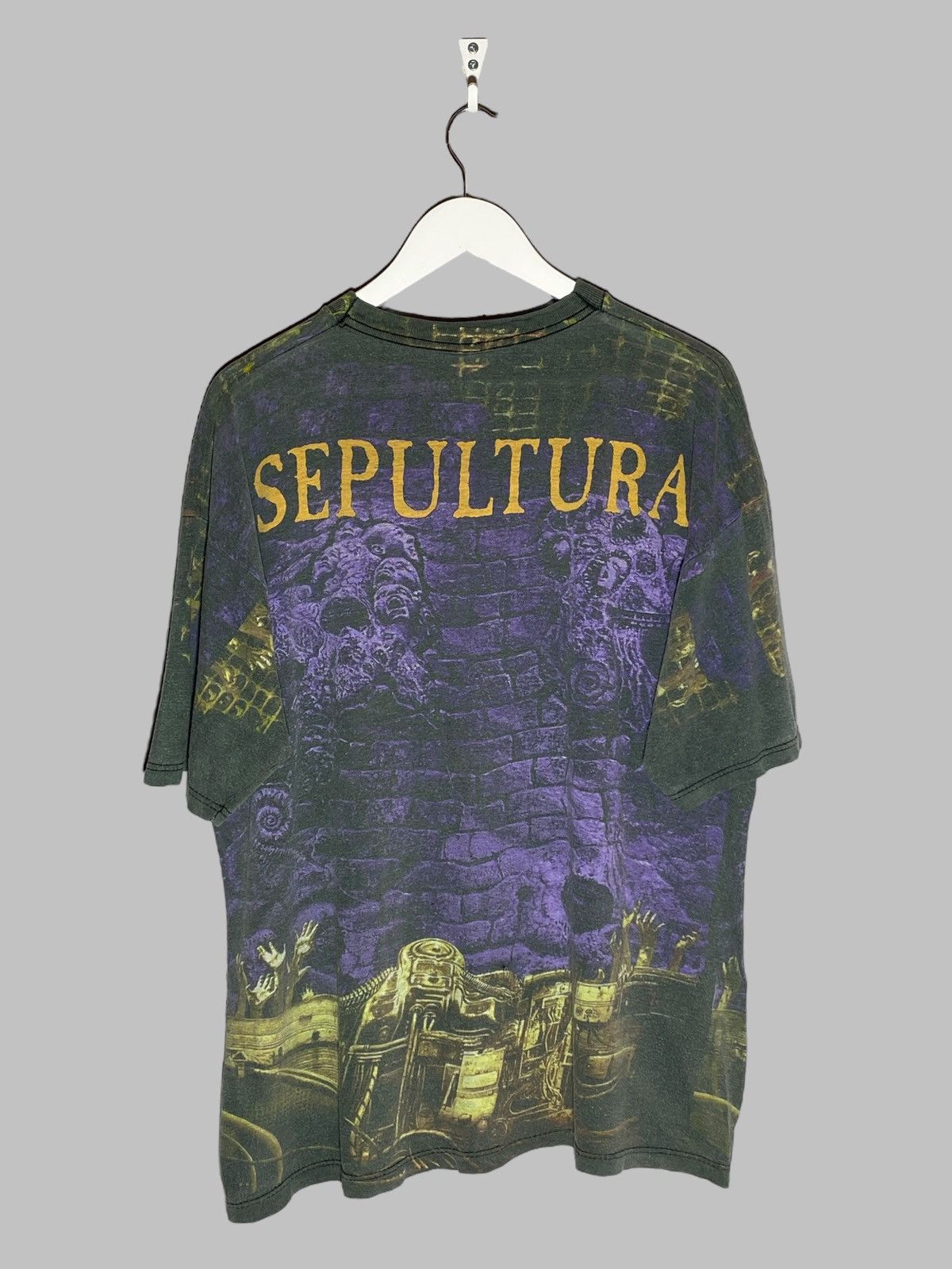 Vintage 90s Sepultura All Over Print Blue Grape Tag T-shirt