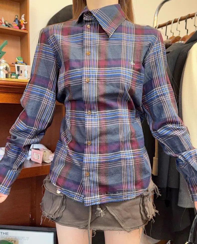Vivienne Westwood Vivienne Westwood Gray-Blue Plaid Asymmetrical Collar Shir Size M / US 6-8 / IT 42-44 - 9 Thumbnail