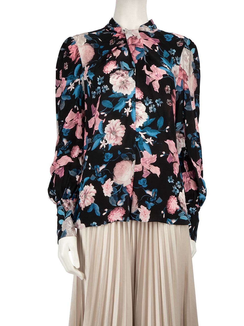 image of Erdem Black Silk Floral Print Long Sleeve Blouse, Women's (Size XL)