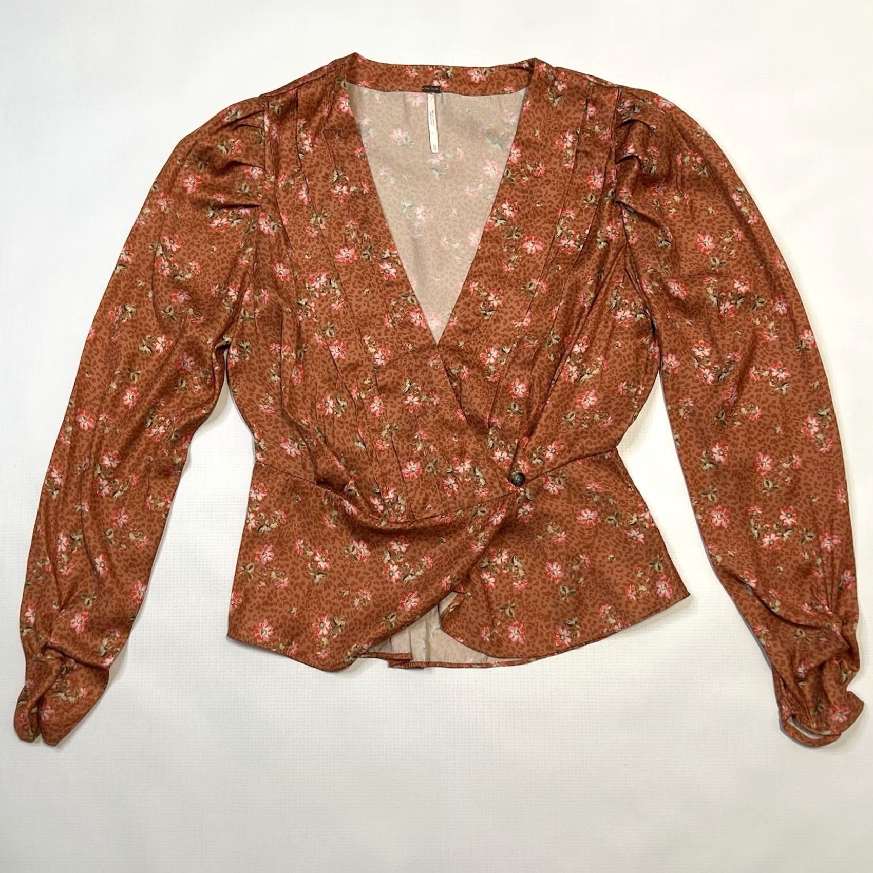 Free People Free People A Night With You Wrap Front Blouse XS Floral V-Neck Long Sleeve Orange Size XS / US 0-2 / IT 36-38 - 3 Thumbnail