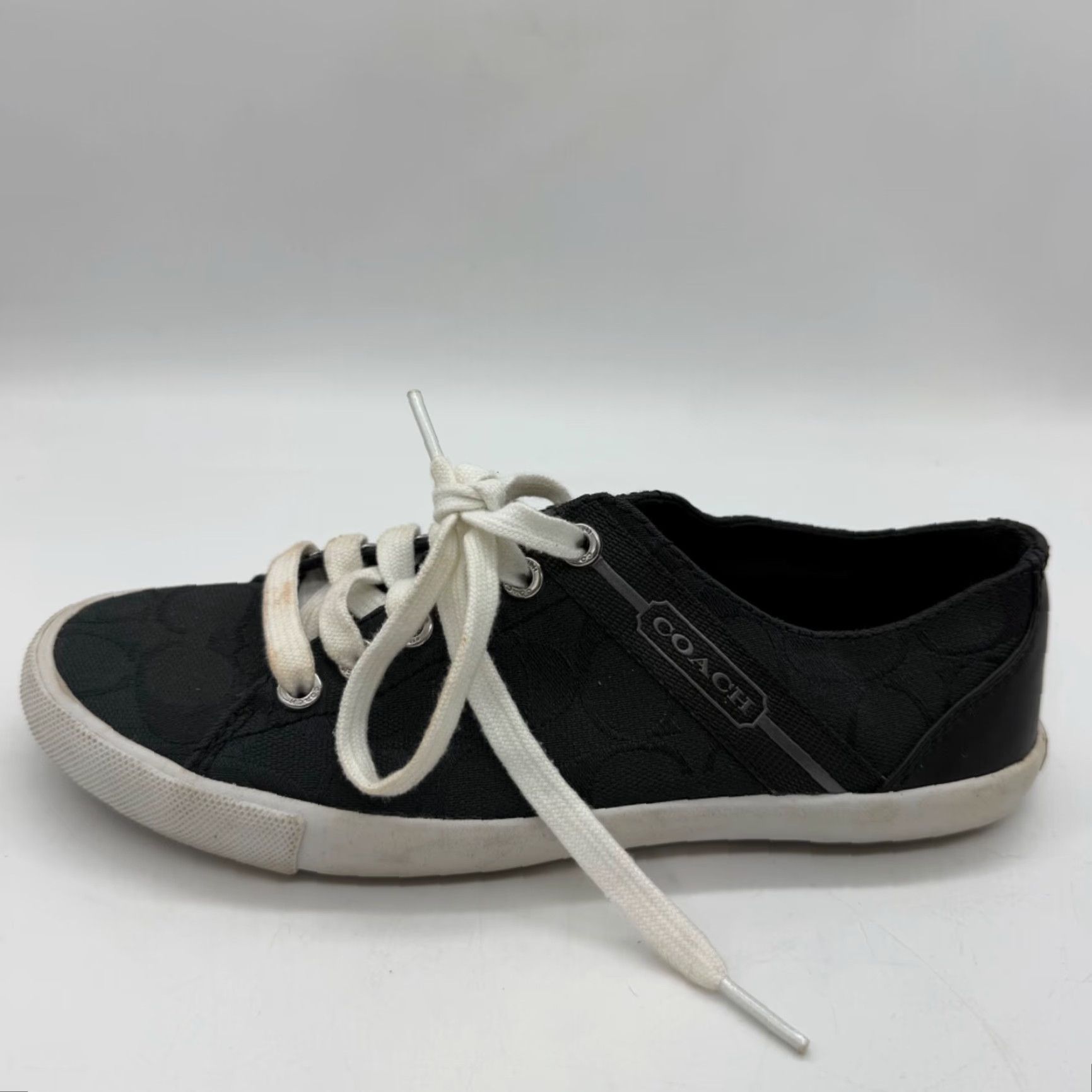 Coach Coach Womens Lesley Sneakers Size 6.5 B Black Logo Print Lace Up Canvas Shoes Size US 7 / IT 37 - 7 Thumbnail