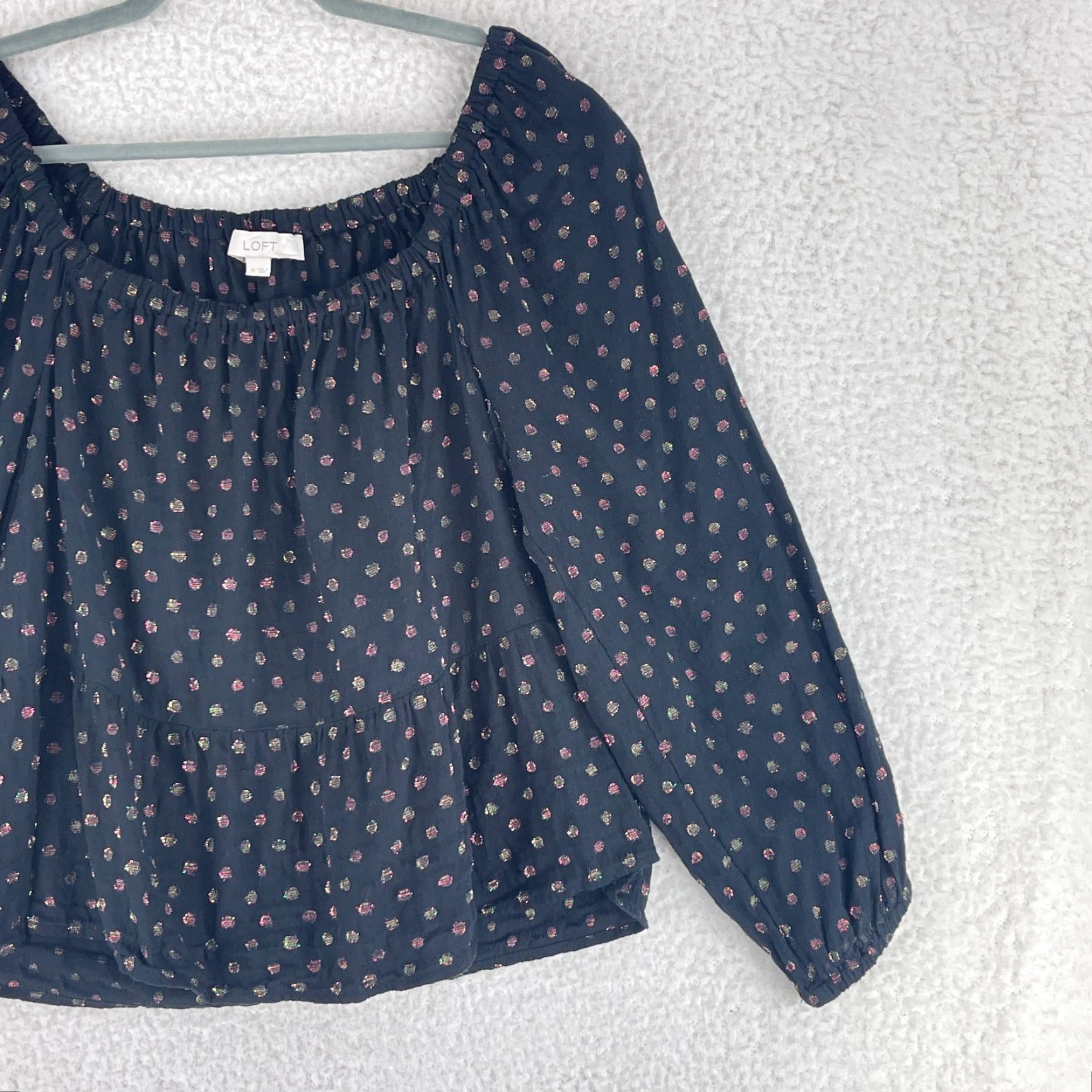 Loft LOFT Black Shimmer Dot Shirt Womens Square Neck Peplum Long Sleeve Medium Casual Size M / US 6-8 / IT 42-44 - 3 Thumbnail