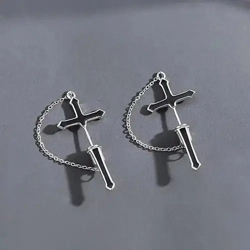 Sterling Silver Men's cross earrings with chain Size ONE SIZE - 4 Thumbnail